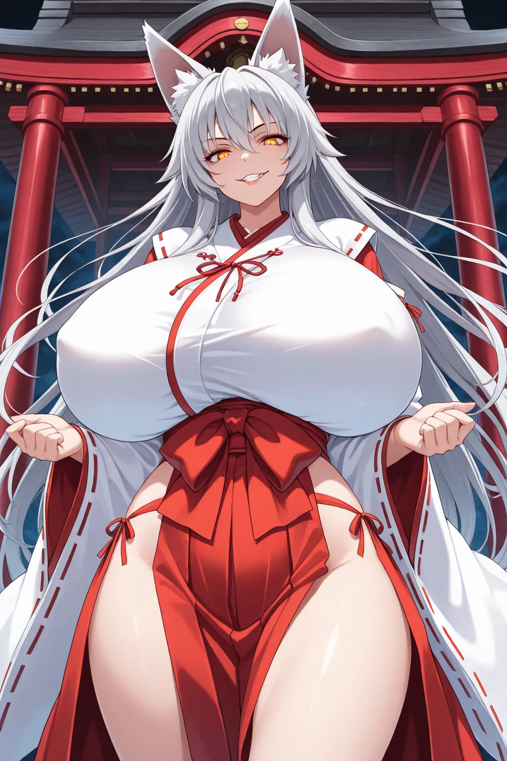 Highschool Dxd, Rossweisse, 1girl, (((bimbo))), white long hair, blue eyes, ear rings, (((bimbo))), puffy lips, thick lips, smile face, wide hips, thick thighs, huge round ass, huge natural breasts, white bikini, cleavage,