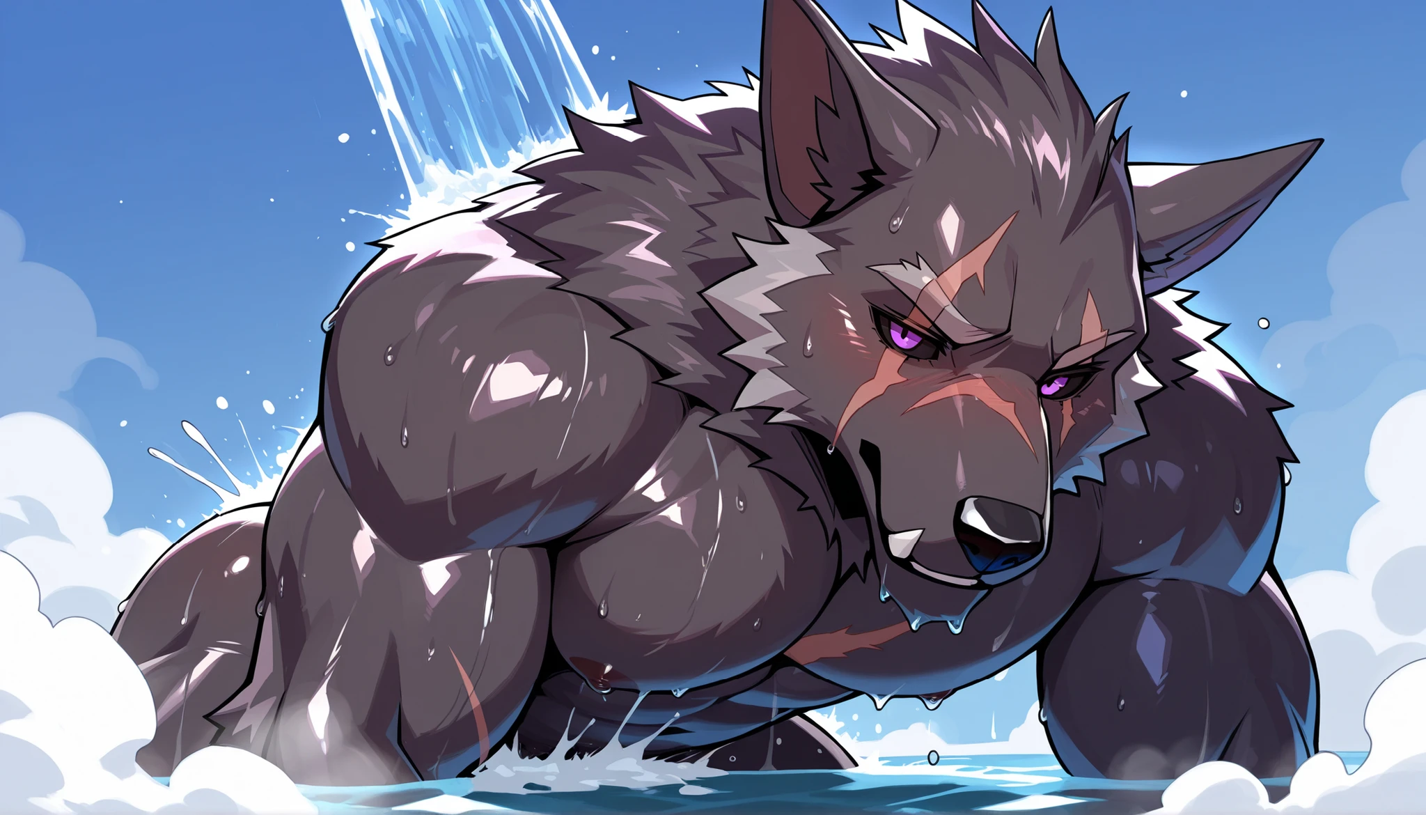 Anthropomorphic dragon male,Highly detailed and muscular chest and abs, Slim biceps and thick forearms, thick neck, The horn of the Chinese dragon,Gray mane with distinct rough ridges, Big heavy hands and white gloves, yellow eyes, white and brown, Turn on the shower in the bathroom, Bare chest,blush