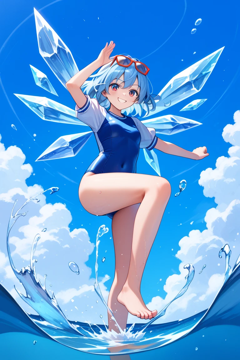 (masterpiece, highest quality),alone,Navy one-piece school swimsuit,smile, looking at the viewer, Cirno,snow effect,snow,crystallization,stylish angle,sitting、spread legs、