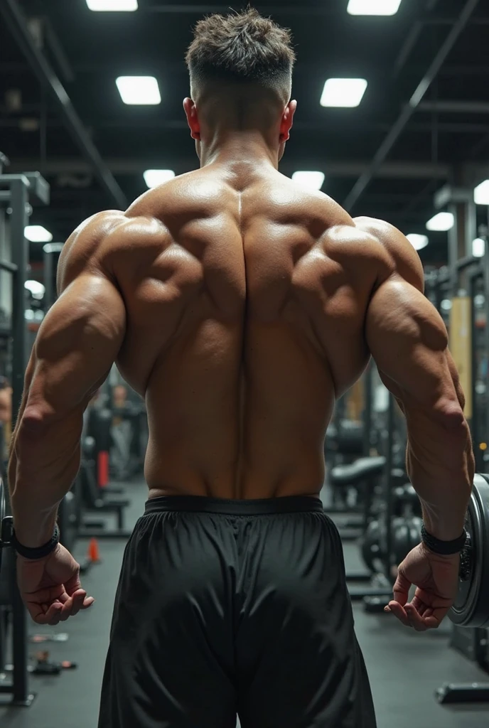 (one or two bodybuilders:1.4), (back view:1.4), (tank top:1.4), (at gym:1.4), 40's, Japanese man, manly face, fat face, (round face:1.4), (monolid eyes:1.2), (buzz cut:1.4), very large and strong body, bulky body, beefy muscles, (bulging muscles:1.4), (very large pectoral muscles:1.4), (muscular arms:1.4), muscular abs, muscular legs, muscular back, bright oily skin, (realistic:1.2), distant view