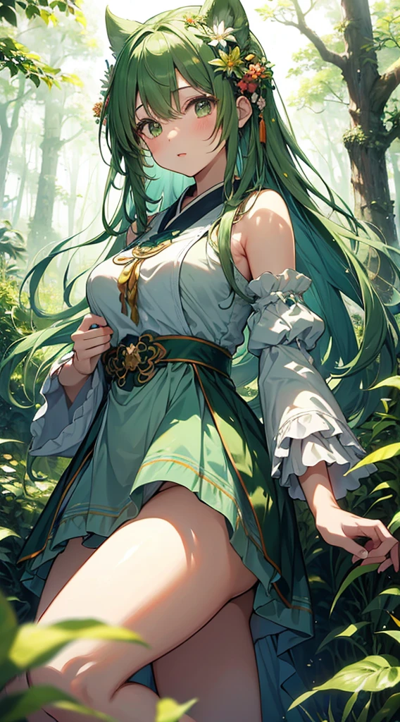 (8K, Best Quality, Masterpiece: 1.2), (Realistic, Realistic:1.37), Ultra Detailed, 1 Girl, Full Portrait, Cute, Tsundere, Beautiful and Detailed Sky, Medicine Garden Background, Forest Vista, Delicate Hands, White Cat on Hands, (Nose Red), (Smile: 1.15), Shut Up, Mid-breasts, Big Breasts, Beautiful Legs, Embroidered Shoes, Girl, Beautiful Delicate Eyes, Long Green Hair, Saplings in Hands, Long Hair, Flowing Hair, Green Costume Short Skirt, Costume, Short Skirt, Long Green Hair.