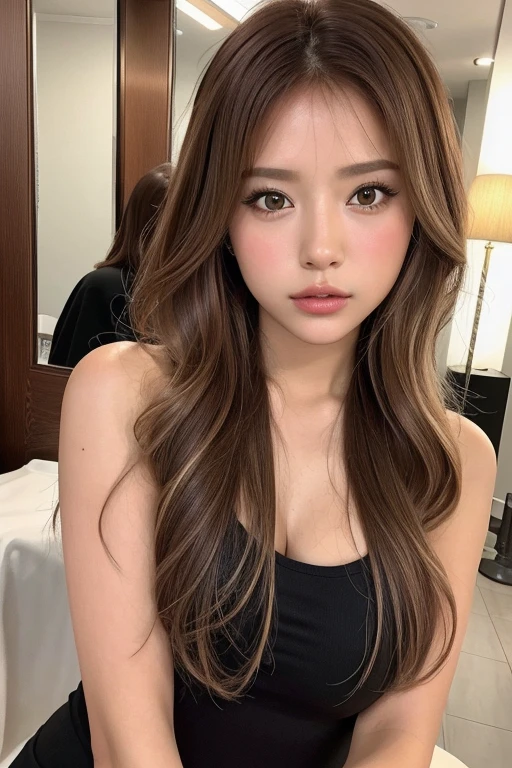 masterpiece, Best quality,Girl with honey tea-colored hair,Facing the camera,Qi bangs hairstyle,20 years old,Long curly hair Chinese girl,Sweet girl,a girl,Exquisite facial features,