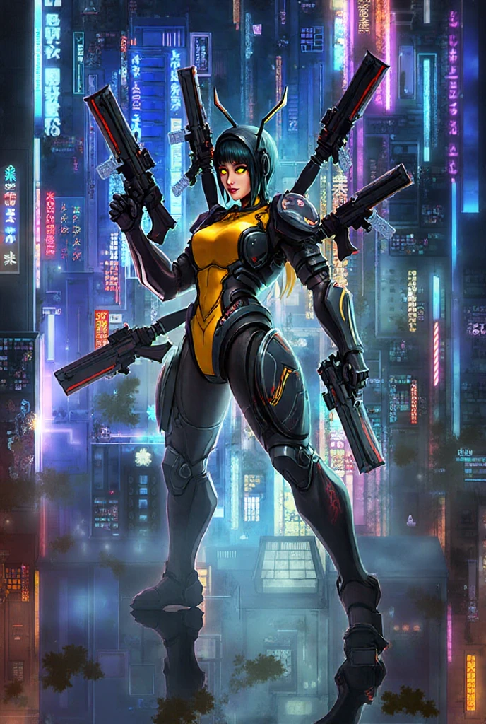 woman in a yellow and black outfit, based on bumblebee, girl in mecha cyber armor, transformers bumblebee cyberpunk bee, bumblebee, mechanized valkyrie girl, 3 d render character art 8 k, female mecha, wojtek fus, big boobs, gigantic boobs, busty, cleavage, show cleavage, major cleavage, oppai, perfect body proportion, correct fingers position, anatomically correct, hand position correctly
