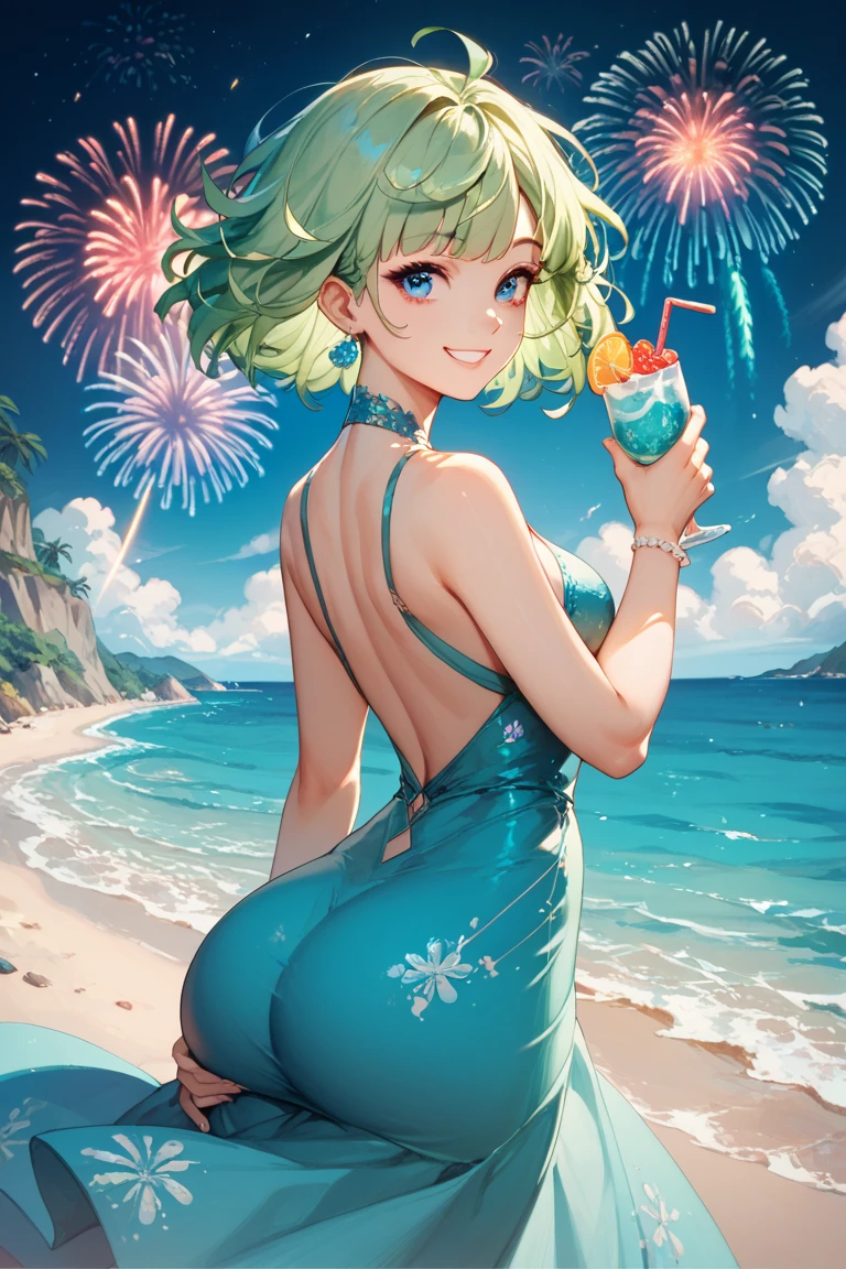 A light green haired woman with pink eyes with an hourglass figure in a one piece swimsuit is watching fireworks at the beach