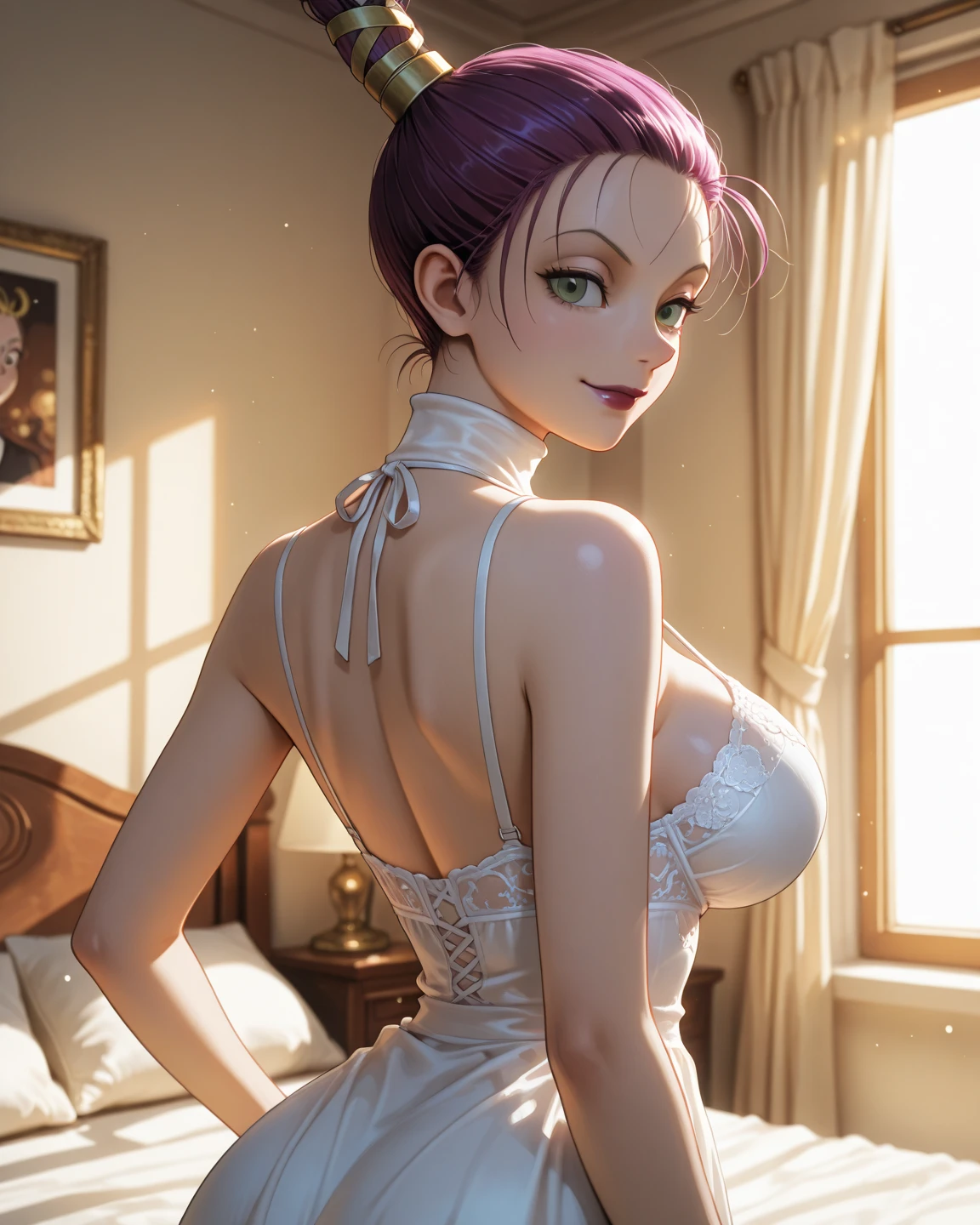 (3d, CGI, Render, realistic, realism, photorealism, photo-realistic, high contrast), (looking at viewer:1.9), (perfect female figure), 8k high definition detailed realistic, (best quality, masterpiece:1.2), photon mapping, radiosity, physically-based rendering, best quality, highly detailed, 1girl, very sexy cute (nude wet breasts:1.4), (wearing bridal veil:1.3) (gown), (ponytail:1.18), (long bangs), tight teen body, cutest face, sexy smokey eyeliner, ownwaifu,blurry background, bokeh, standing in bedroom, collarbone, solo, depth of field, happy smile, sexy (lace:1.1) choker, (soaking wet cum drool),green hair:0.6, facemarks,