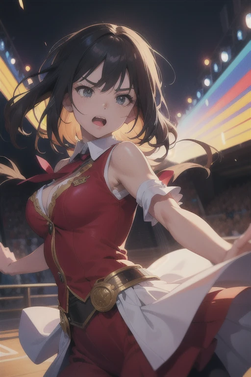 Ultra-high resolution, 1 Girl, 18-year-old, (Idols:1.4), (Sakura Hagiwara :1.4), (Beautiful detailed face:1), 1 Girl:1, 18-year-old, Cinematic Light, ,Mood lighting, (((Perfect ???????:1.10))), (Finely detailed face:1.2), (Representative works:1.5), (Best Quality:1.2), Looking at the Viewer, Lipstick, V-shaped eyebrows, V Line Jaw, ((Prevents clothing from biting into the skin)), Sexually suggestive faces, (The background is blurred), Glossy texture, Strong winds:1.3, (Long black hair in the wind:1.3), (Perfect Face:1.4), (Beautiful detailed eyes), ((Shiny skin:1.2)), (Extremely smooth expressed skin), ((Sweaty skin:1.3)), White Skin, Slender, Narrow nose, (Narrow waist:1), (Almond Eyes:1), Sharp Eyes, (Bewitching Smile:1.2), (Medium size bust:1.3), There is cleavage in the chest, Bangs,Head tilt,  Light makeup, Small Ass,  ((Pro Wrestling Match Venues:1.3)), ((Inside the professional wrestling ring:1.3)), ((Sexy Sparkly Wrestling Costumes:1.3)), (Sexy snow white wrestling costume:1.3), (( Pure white wrestling costume with intricate design:1.3)), (Patent leather long wrestling boots), Thimble Skin Gloves, ((Dynamic fighting poses)), ((Low - Angle)),
