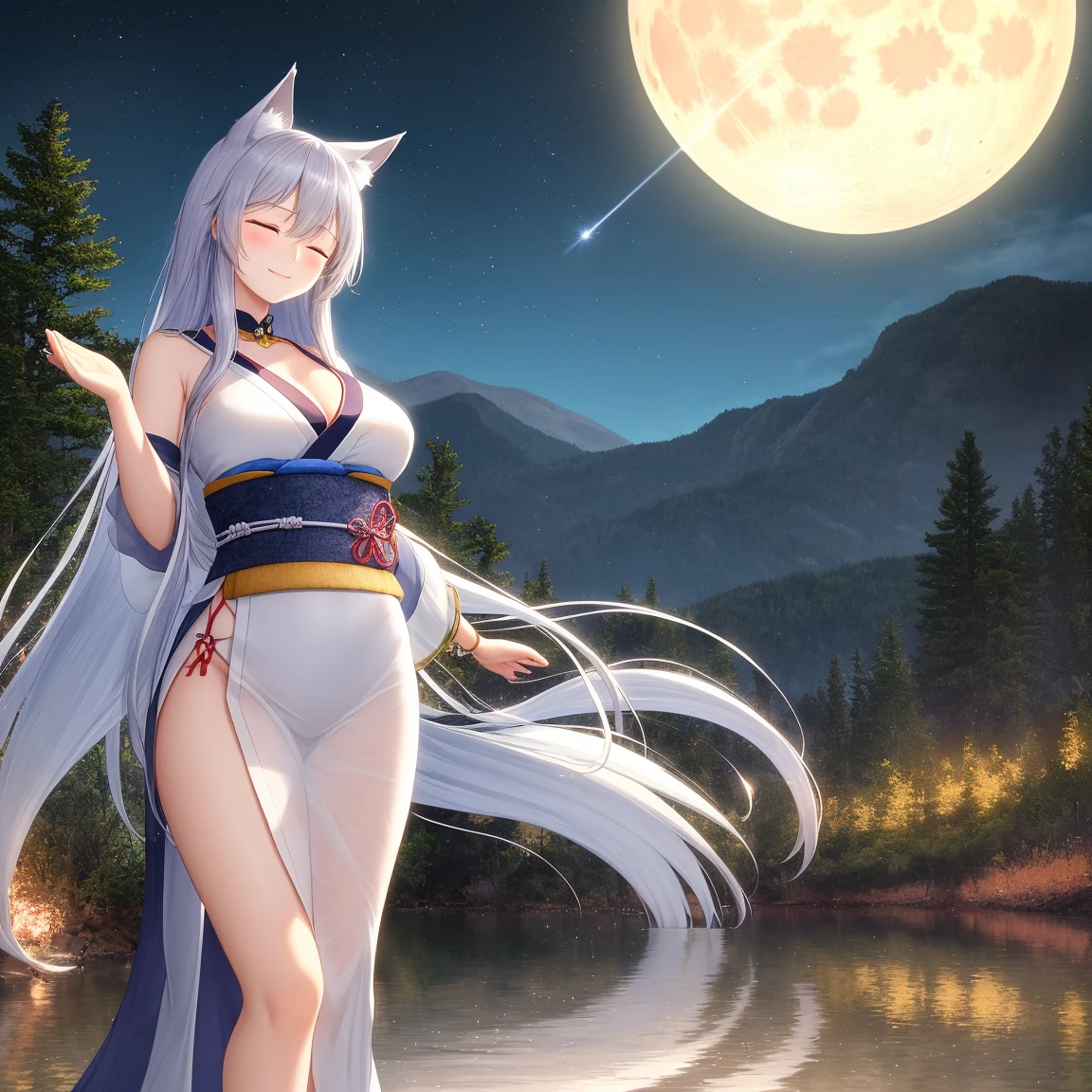 Beautiful white Kitsune, long white ears, highly detailed yellow eyes, sitting on a rock on the shore of a lake, huge dazzling blue moon reflecting in the lake, 8k, mature woman, co With a white towel, multiple white tails, very sexy figure, big breasts