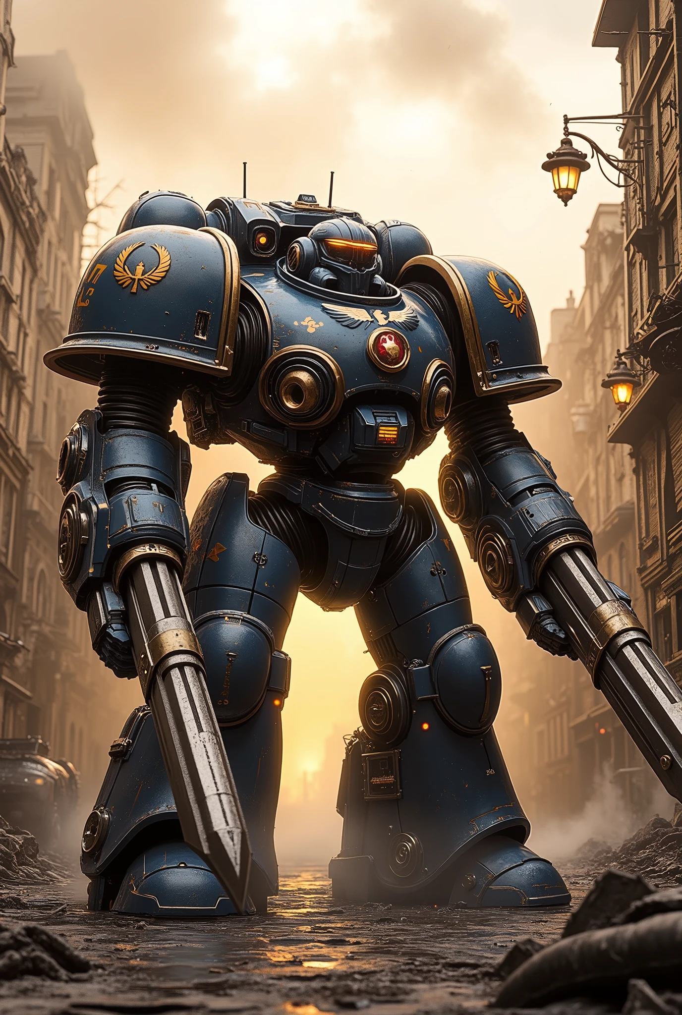 (masterpiece, ultra-HD, 32k, photorealistic, cinematic lighting, dramatic shadows, depth of field, film grain, reversal film effect, misty atmosphere, glowing particles, official art style)
Full body, straight-on angle, close-up: A towering, hyper-detailed Imperial Knight Mech stands amidst a war-torn, dystopian battlefield at dawn. Its armored form fuses Warhammer 40K knight aesthetics with WWI trench design—complete with exposed gears, cyber optics, and a gasmask-like helm etched in glowing runes.
A golden laurel and red star emblem gleams on its reinforced chestplate; a white Scythe symbol marks the shoulder. A radiant metal annulus beams behind the head like a mechanical halo.
In one hand, it wields a massive enchanted chainsword, runes glowing faintly gold. In the other, a detailed WWI-style trench cannon with relic engravings and optical sights.
The ruined city street is littered with twisted steel, broken arc lamps, shattered mechs, and cratered concrete. Dawn light cuts through smoke and dust, casting cinematic highlights across its weathered plating.
The mech radiates grimdark heroism—a lost knight in a techno-apocalypse—framed by an impressionistic cinematic glow.