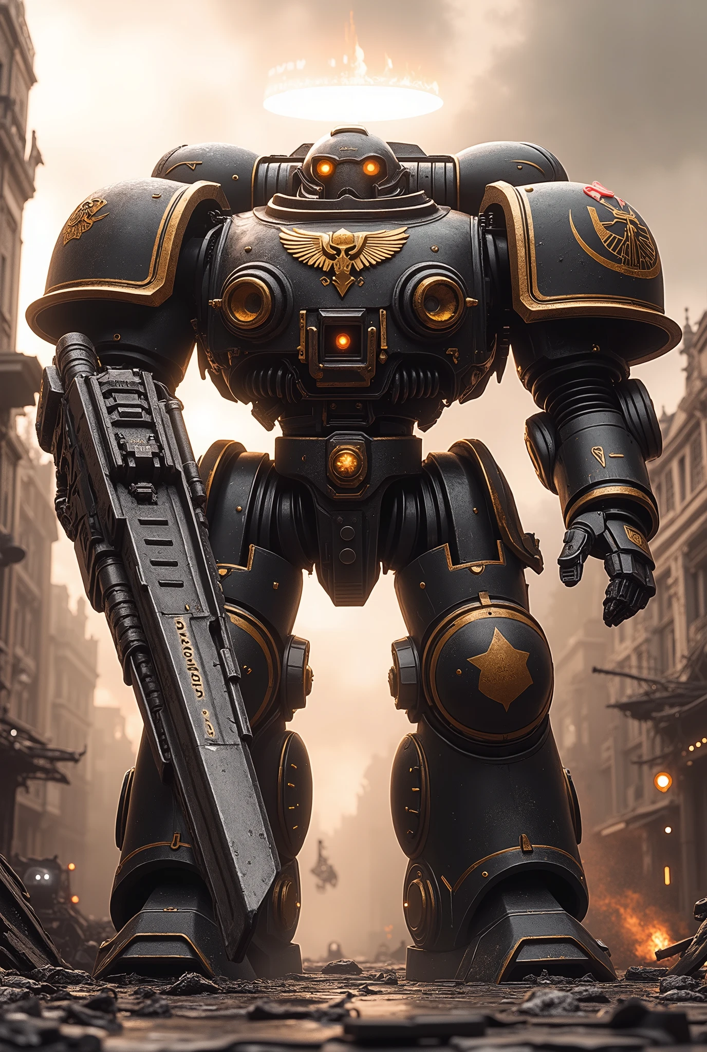 (masterpiece, ultra-HD, 32k, photorealistic, cinematic lighting, dramatic shadows, depth of field, film grain, reversal film effect, misty atmosphere, glowing particles, official art style)
Full body, straight-on angle, close-up: A towering, hyper-detailed Imperial Knight Mech stands amidst a war-torn, dystopian battlefield at dawn. Its armored form fuses Warhammer 40K knight aesthetics with WWI trench design—complete with exposed gears, cyber optics, and a gasmask-like helm etched in glowing runes.
A golden laurel and red star emblem gleams on its reinforced chestplate; a white Scythe symbol marks the shoulder. A radiant metal annulus beams behind the head like a mechanical halo.
In one hand, it wields a massive enchanted chainsword, runes glowing faintly gold. In the other, a detailed WWI-style trench cannon with relic engravings and optical sights.
The ruined city street is littered with twisted steel, broken arc lamps, shattered mechs, and cratered concrete. Dawn light cuts through smoke and dust, casting cinematic highlights across its weathered plating.
The mech radiates grimdark heroism—a lost knight in a techno-apocalypse—framed by an impressionistic cinematic glow.