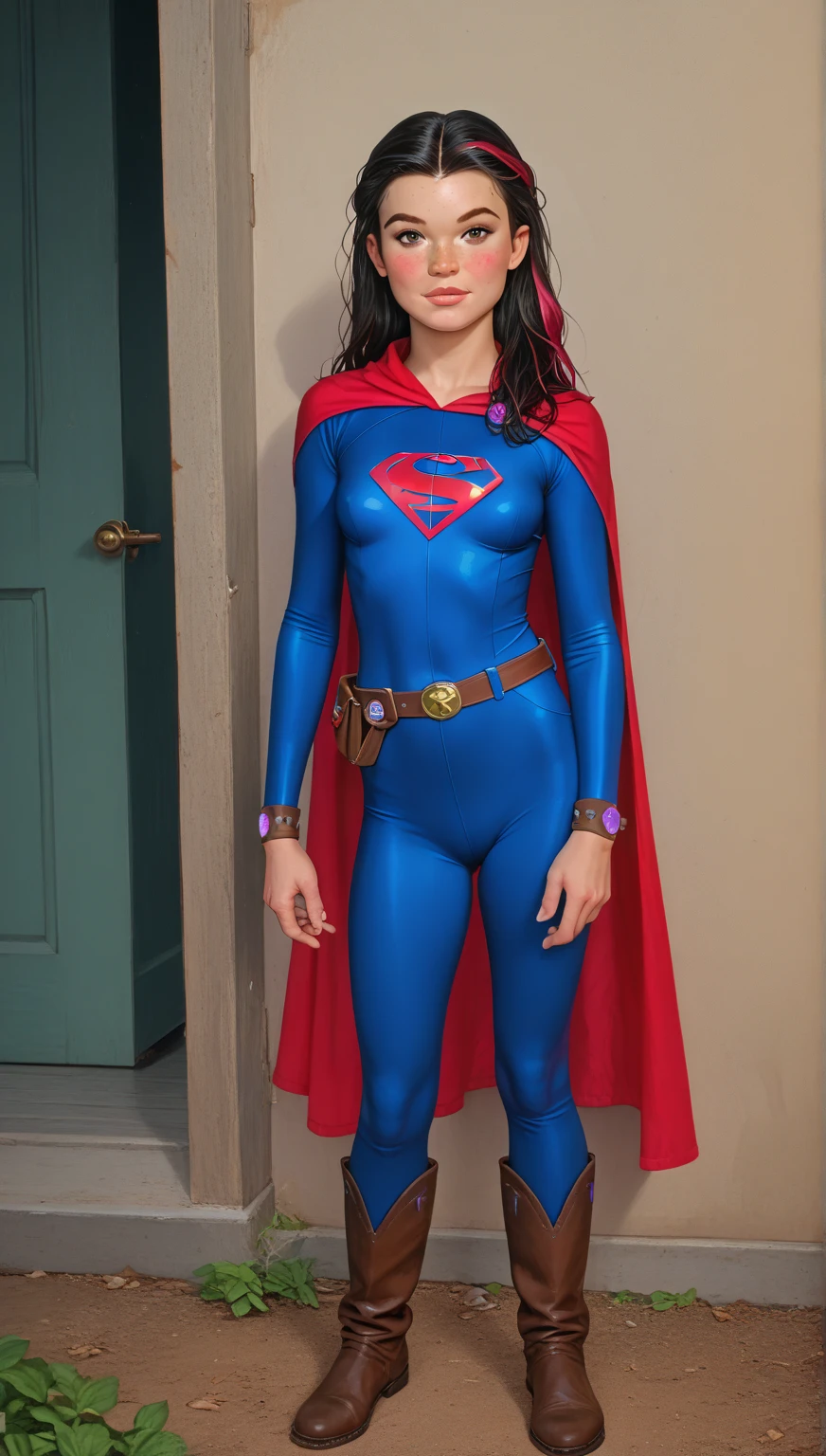 Tabith rummages through a box filled with old clothes and nostalgic items. Her eyes widen as she uncovers a folded red and blue fabric. She pulls out the costume and cape, her heart beating with excitement and curiosity.
TABITH (muttering to herself) A Superman costume? I never thought I’d find this again.
Tabith gazes at the costume, feeling a connection to the hero she admires. She hesitates for a moment, contemplating the decision before her. With a determined smile, she unfolds the costume, ready to embrace her destiny.
Tabith steps in front of a mirror, holding the Superman costume against her body. She pauses, studying her reflection, imagining the possibilities that lie ahead.
TABITH (whispering to herself) Maybe I can be more than just a scientist. Maybe I can be a hero.
With newfound determination, Tabith begins to change into the Superman costume. She slips her legs into the blue suit, tugging it up. Next, she slides her arms through the red sleeves and pulls the cape around her shoulders.