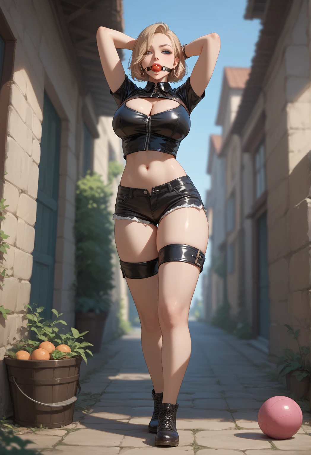 best quality, sunshine, detailed background,extremely detailed,body ratio, girl, cute, blonde hair, ruined city