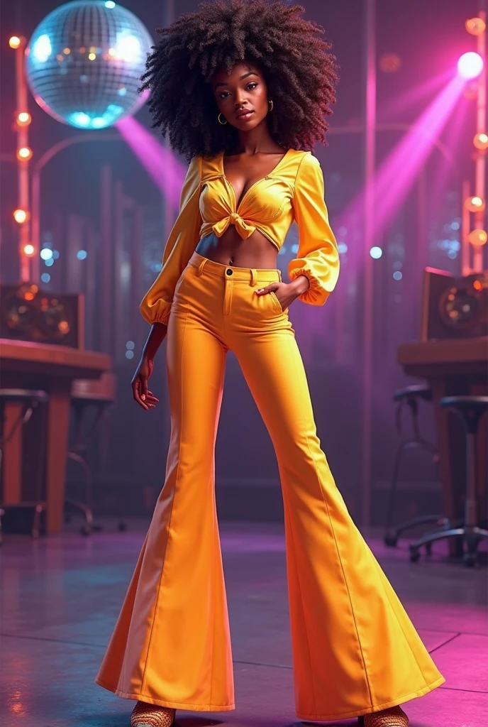 ( popart painting with bold colors and gradients in neon light by Andre Petrov) of a disco dancer woman, black american, dark eyes, dark skin, curvy, teased hair, wearing pastel yellow disco shirt with wide collar,bell-bottom pants with glitter fishnet stockings,peep-toe heels, oversized sunglasses, bold eyeliner, set in a chic rooftop party, with modern decor, a sleek dance floor, a trendy crowd, where the music is always fresh, the atmosphere is always vibrant , with flashing lights