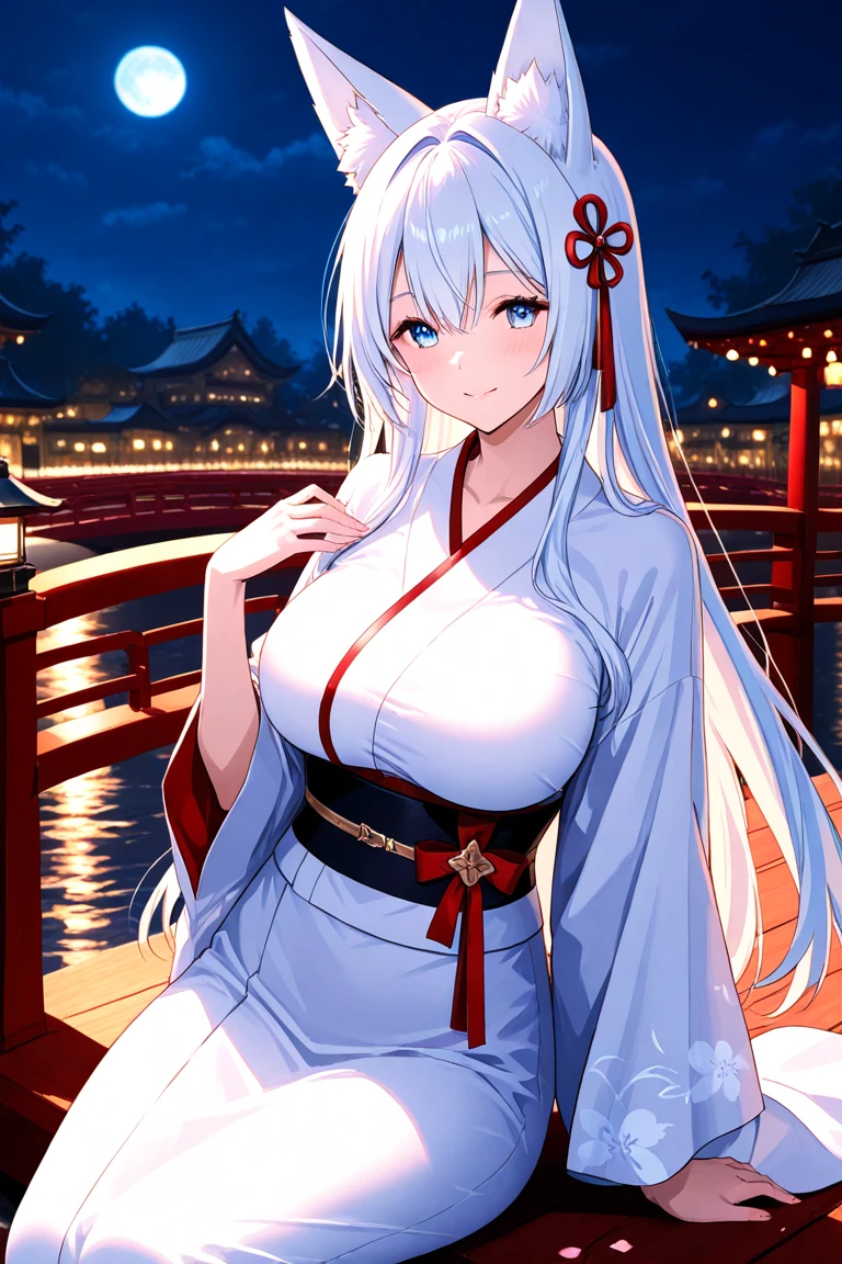 masterpiece, best quality, ultra detailed, highres, extremely detailed CG unity 8k wallpaper, perfect lighting,  very detailed background, Outdoor、beautiful and aesthetic,sharp focus, perfect face, Perfect hands、Perfect Fingers、Perfect toes、Five fingers、
1lady、 smiling、
Light blue hair, Big light blue eyes、delicate oval face、(large breasts:1.8)、Looking up at the viewer、
(shrine maiden outfit:1.5)、(Kamiru bell:1.3)、
(off shoulder:1.3)、(Holding a kagura bell in hand:1.5)、
(bare shoulder:1.5)、(Hairpin:1.5)
Ambient light、Volumetric Light、shoot from side、(Glowing Skin:1.8)