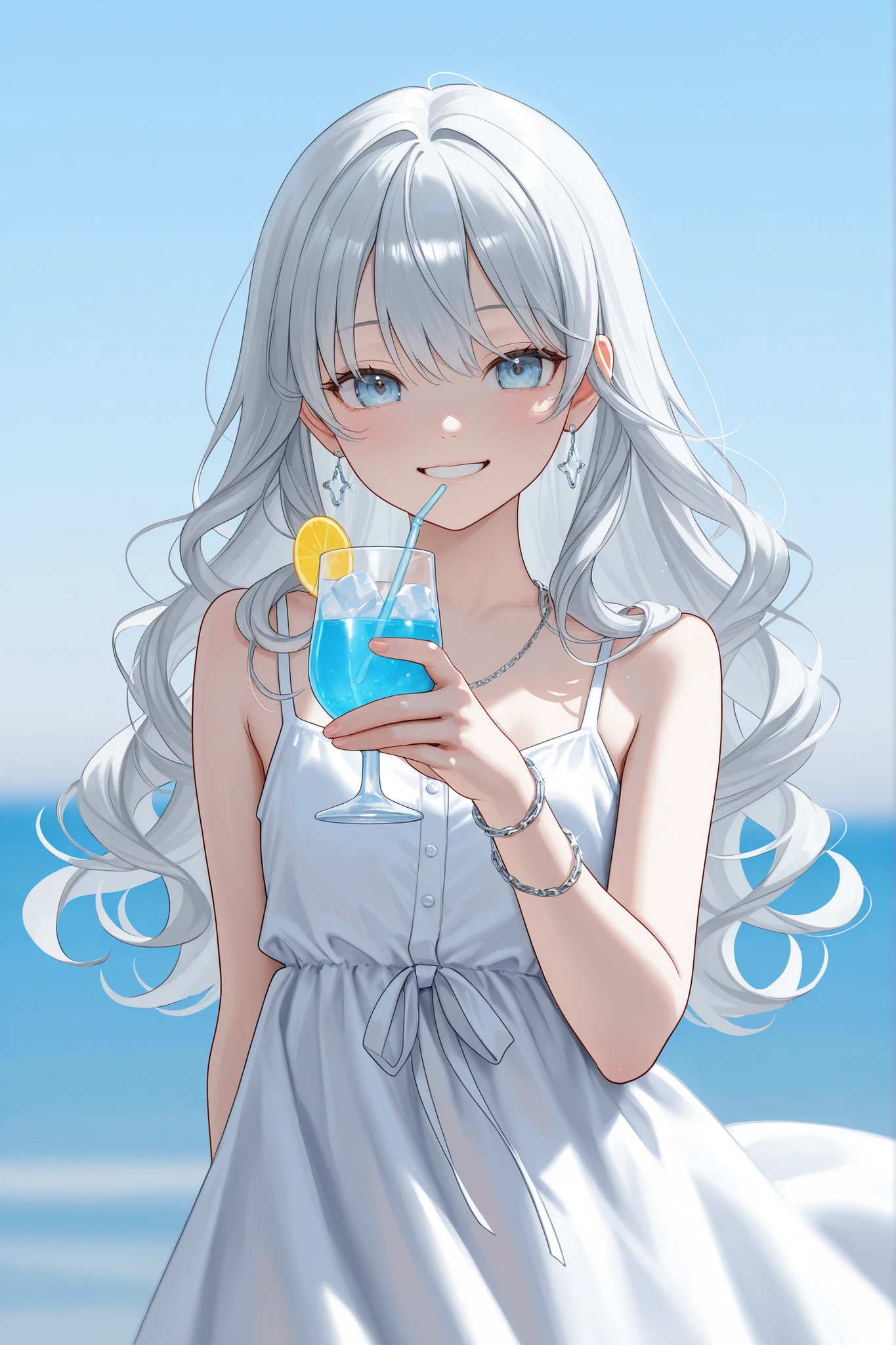 Attractive Young Woman、Silver Color Loose Fluffy Long Hair、Soft curly hair 、Clear Skin、Delicate Expression、Ice Drink in Hand、glass with ice、Summer Sun、Clear Fresh Summer Dress、simple silver earrings、Silver Chain Bracelet、Sparkling Ornaments、natural smile、Urban Stylish Vibe、Soft Light、Airy、An elegant gesture、 Pleasant Breeze of Summer 、refreshing blue sky background、shallow depth of field, soft lighting, 8k quality, high detail, photorealistic