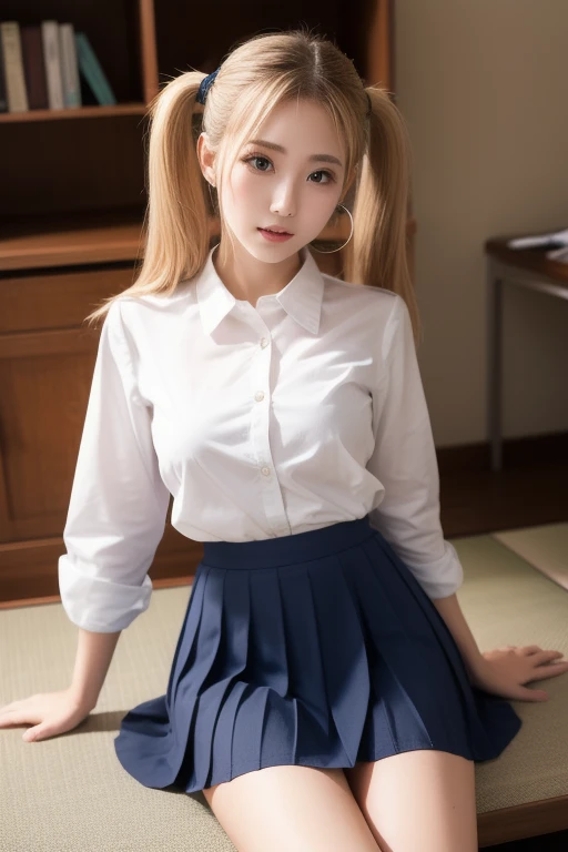 A beautiful young girl with blonde twintails wearing a sailor suit is leaning on a fluffy white sofa, lifting her white blouse to reveal a white bra, and opening her legs and lifting her skirt to reveal white lace panties., a blond, Photos of very beautiful Nordic-born girls,　12years, Blonde hair,Seductive open legs pose, 4k, top-quality, hight resolution:1.1), Drawing so that the crotch cloth of the white underwear is visible, tiny panties, white panties made of lace material、Blue plaid skirt, Red plaid skirt, high school student uniform、a sailor suit, Cleavage visible from the blouse, The clothes are fluffy, bed room, class room, dining room, tiny chest、Underhair is transparent、Nipples are see-through, Wet panties , Angle from your feet, The bra is sheer、Clothes are see-through、White panties with ribbon