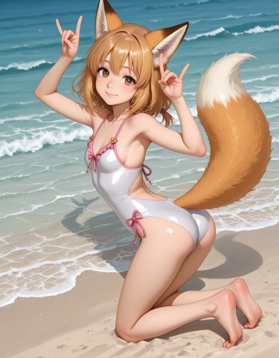 (ultra-high quality), (ultra-high resolution), (Very detail), Adorable girl, slanted eyes, fleshy lips, Small and juvenile build, fox ears and tail, Adorable swimsuits, Beach with a spectacular view, Precisely drawn background, Natural light and shadow