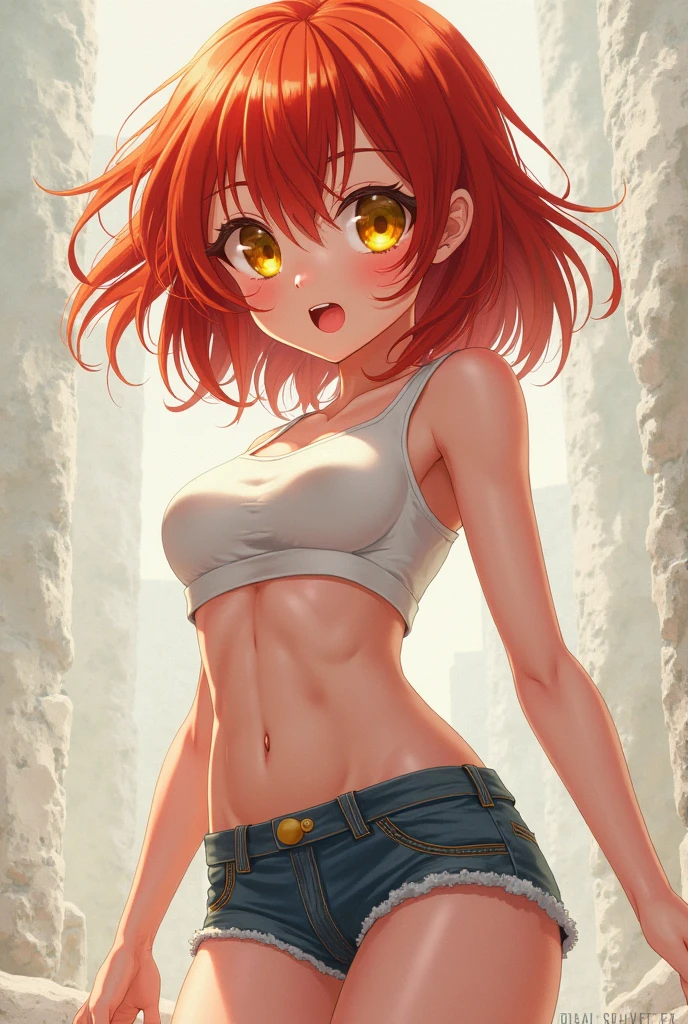 Concept art, wisps of overhead angle, wearing funny Somali emerald dark orange pinafort, caramel hair styling for short hair, fluorescent purple headband, wearing an ultra-short white loose T-shirt, sexy collarbone, bare shoulders, breast details, beautiful abs in the open air, wearing ultra-short denim hot pants, beautiful legs, beautiful knees, perfect figure, equirectangular columnar 360, high resolution, [(Willie Baumeister's art: 1.1), elevation angle 30° shooting, (Art by John T. Biggs: 1.2)::17], Official Art, Unity 8k wallpaper, ultra detail, aesthetics, masterpiece, best quality, realistic