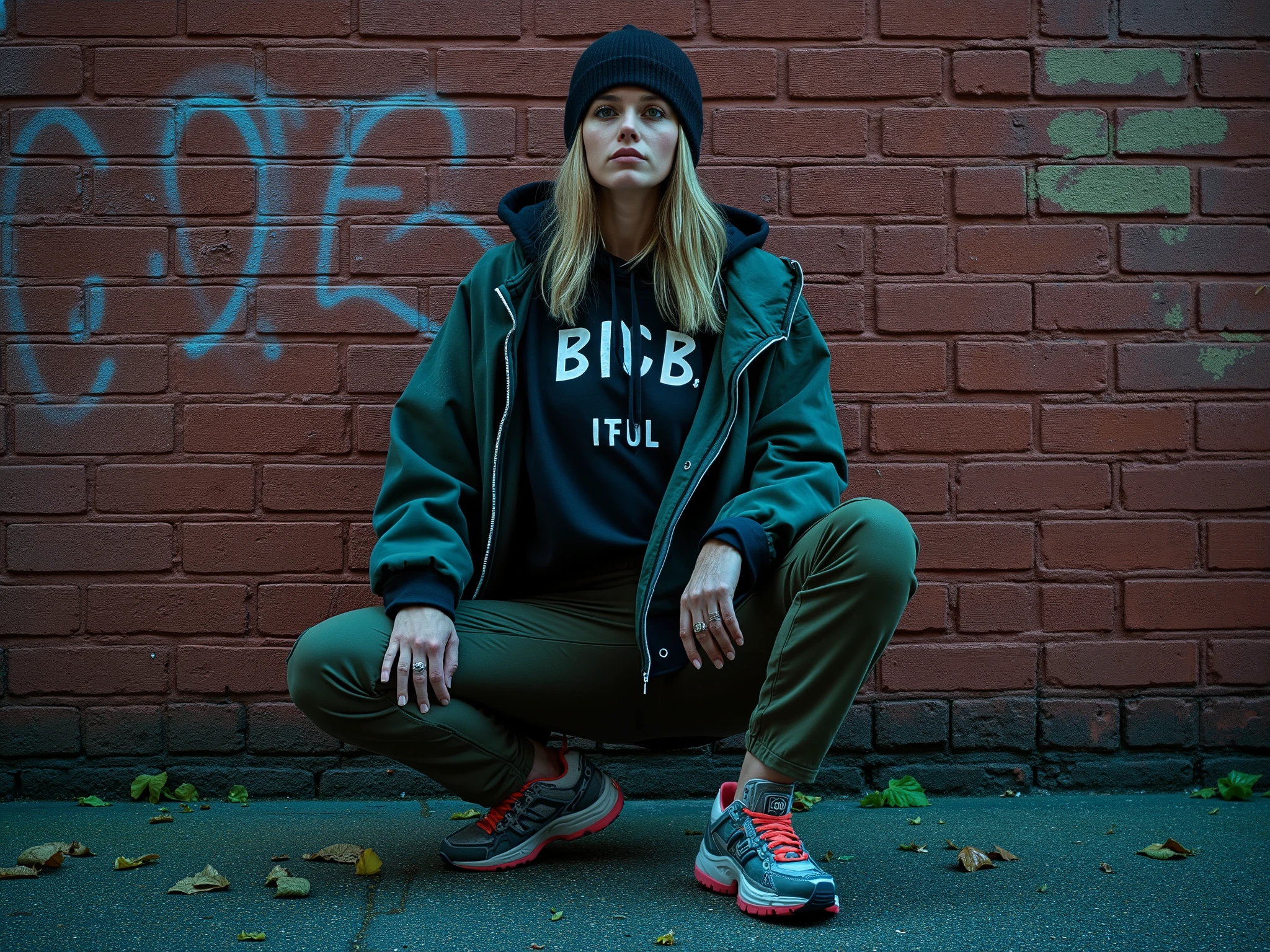 Ultra-realistic editorial fashion photo of a beautiful woman wearing bold streetwear, posing in front of a damp, moss-covered red brick wall with faded graffiti, deep cracks, and scattered wet leaves. The setting is an urban London backstreet with a gritty, textured feel. The scene is lit with cool light — a soft, bluish cast from overcast skies — creating a moody, cinematic atmosphere. The woman wears an oversized hoodie layered with a bomber jacket, cargo pants, and chunky sneakers. She accessorizes with a black beanie and subtle urban jewelry. Her pose is relaxed yet defiant, embodying underground fashion culture. Shot with a Canon DSLR, 85mm lens, shallow depth of field. Photorealistic detail, high dynamic range (HDR), cold tones and subtle post-processing bring out textures, urban decay, and editorial contrast.