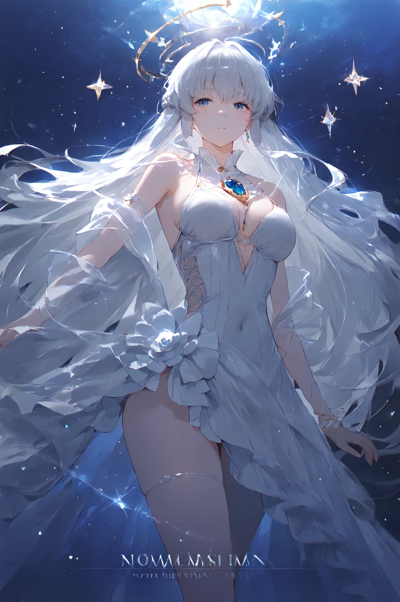 (Paradise in Heaven), White lighting,(muste piece), (best quality), (cinematic), 8K, (art station),(長いwhite hairとSilvery eyesを持つ1人の女), (beautiful delicate face)、[Frozen trees々], [landscape crystal], [lighting], [Ethereal Atmosphere:1.1], [fantasy, short story] ,[soft なlighting] 、(+cinematic shot:1.2)、 [+art station] 、[+luminous white background] 、 [soft glow] 、(Creative and dynamic angles:1.3), [+Crystal Toning] 、muste piece, very detailed, Super detailed, solo, (pale skin), Silvery eyes, white hair, (snow background), (snowflake rosen flower:1.0), (shining crystal), (Snowy ground), (White lashes), sexy woman、dreamy and detailed, Gorgeous setting, 妖しい雰囲気 muste piece, The most beautiful scenes, majestic、(((full of white flowers)))、quiet and serene atmosphere、attractive, all white tones,Inside the crystal library,Transparent flowers and falling snow，Many white roses are planted,(water flowing,waterfall,water bloom),The decoration is also carefully done.,dream（very detailedです，creative design，crisp and precise lines，K HD，best quality，master piece，超High resolution，In 4K）、Diverse poses、((beautiful white flower hair ornament))、beautiful hairstyle、(best quality, In 4K, 8K, High resolution, muste piece:1.2), Super detailed, detailed expression, graceful posture, expressive brush strokes, mysterious atmosphere, artistic interpretation,Delicate floral jewelry， (((Detailed design、Beautiful transparent dress made of thin fabric、Sheer mini dress that shows off your skin)))、(SFW:1.5), (oversized breasts, best body proportions, proportions of large breasts,:1.5)