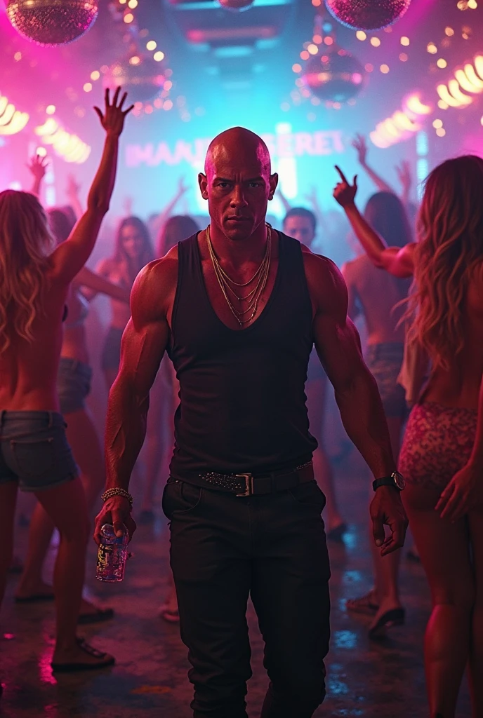 muscular Vin Diesel,shirtless,holding sparklers,party scene,night time,colorful lighting,dynamic pose,crowd in background,neon lights,confetti,disco ball,upbeat music,high energy