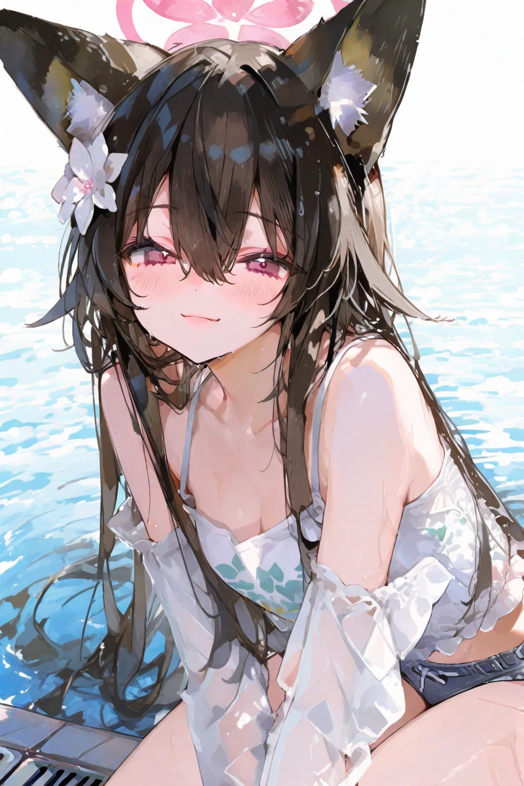 (best image quality, best), ((one girl)), (black hair), ((twin tails)), (long hair, straight hair), (yellow eyes, drooping eyes, big eyes), (smile), young face, (big)), cleavage, (((overall image)), (((bare towel)), crystal clear towel, steam, smoke, hot spring, sleeping, soaking in water, hard