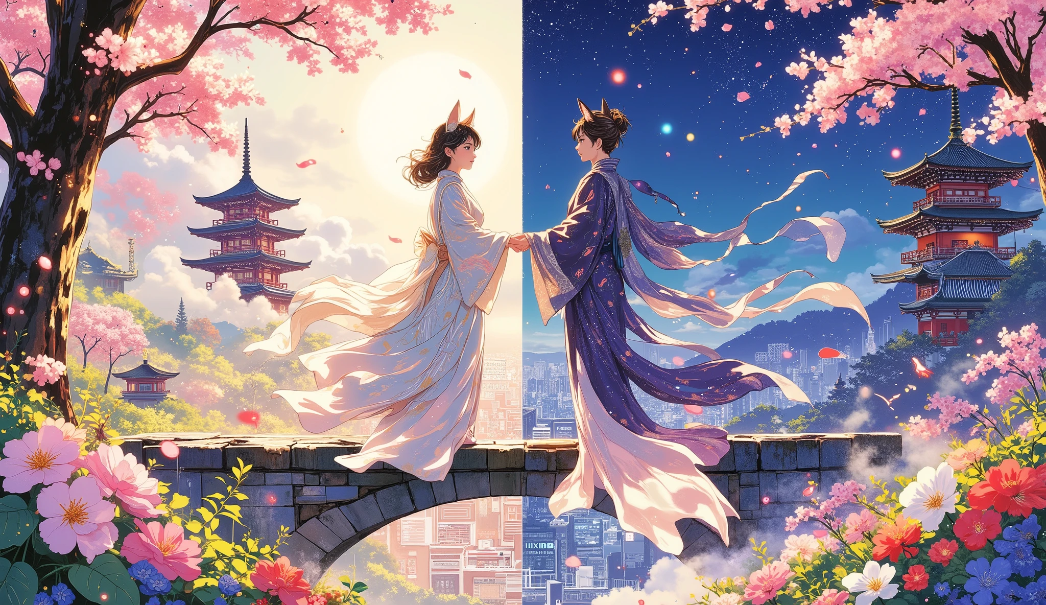 A mesmerizing, dual-panel masterpiece portraying a traditional Kitsune's millennial life, bridging ancient and modern Japan. On one side, she embodies her feudal Japan existence: an ethereal figure with multiple tails, amidst blooming cherry blossoms, traditional pagodas, and a misty, moonlit forest, wearing an elegant kimono. Her eyes hold centuries of wisdom and mystery. The other side showcases her modern Japan incarnation: the same Kitsune, subtly disguised as a sophisticated woman, perhaps in a chic, contemporary setting like a neon-lit Tokyo street or a high-rise apartment with city lights, wearing modern, elegant attire.
The composition features vibrant colors and high contrast throughout, with a seamless transition or striking juxtaposition between the two eras. The art style should deeply echo the elegance and intricate detail reminiscent of Yoshitaka Amano's ethereal and fluid illustrations, or the vibrant, dynamic storytelling of Kazuki Takahashi, focusing on spiritual and mythical qualities. Emphasize the kitsune's inherent elegance and mysterious aura, interwoven with celestial concepts like soft glowing orbs, stardust trails, or subtle cosmic patterns, especially around her tails or eyes. The overall mood is one of timeless grace, mystical power, and enduring beauty. Ultra-detailed, cinematic lighting, masterpiece quality, 8k, UHD, HDR.