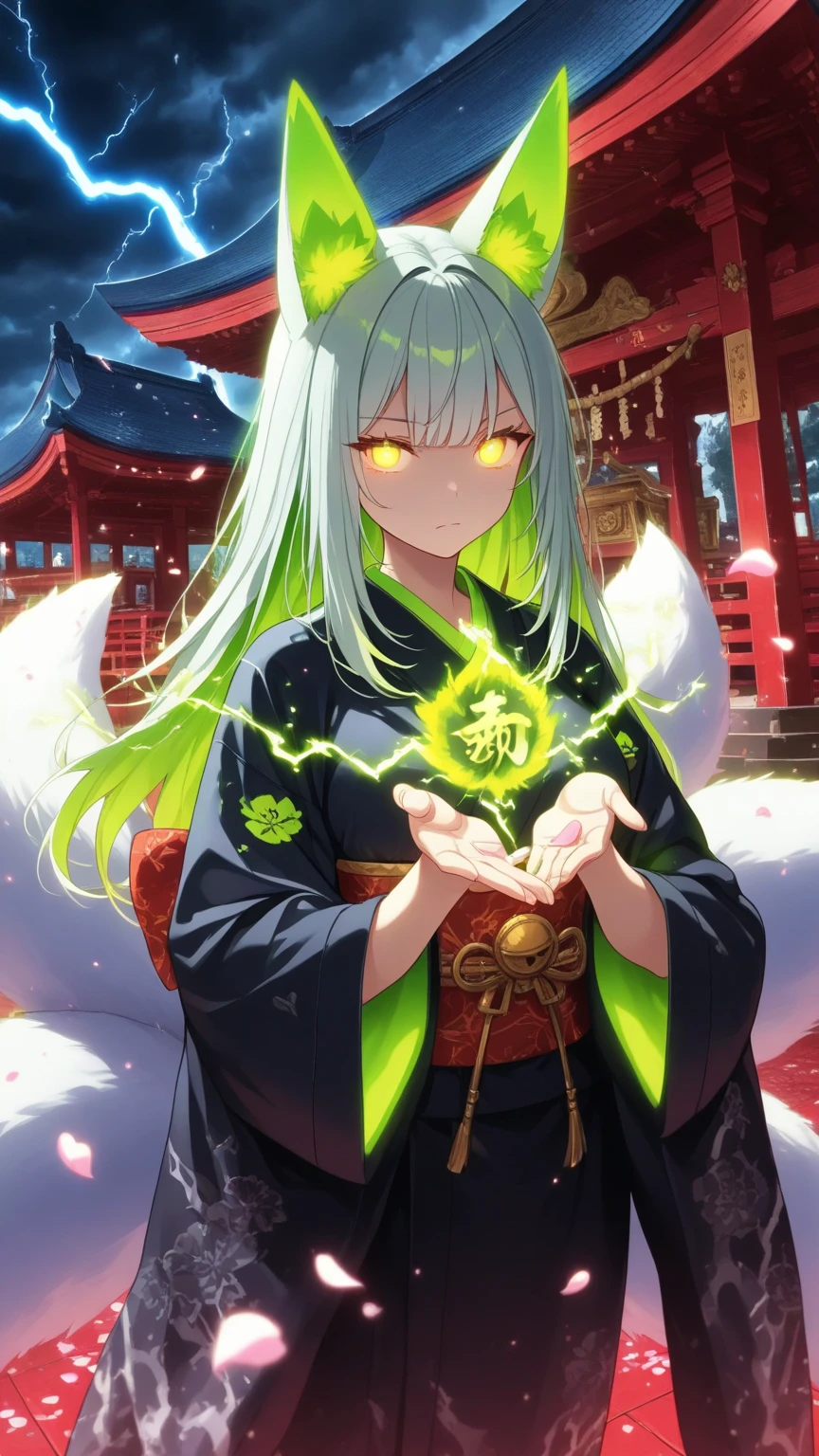 1 woman with glowing green hair、fox ears、Fox&#39;s Tail、 Silver Hair、long hair、Kimono、god々Shiny Aura、serious face、looking at viewers、Glowing Eyes、lightning、Snowstorm、petals flutter、shrine、守護god