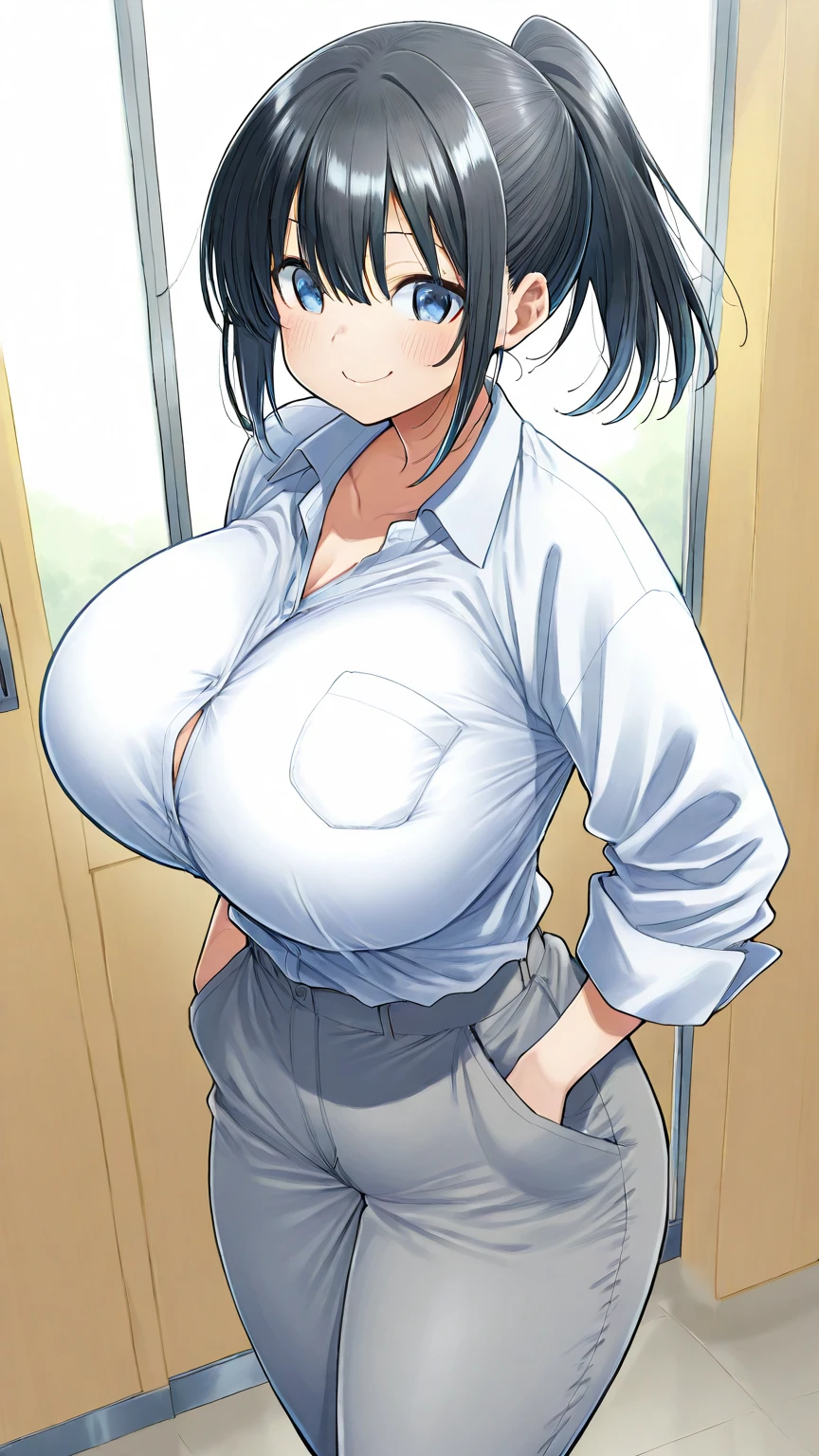 （（super high quality,Ultra-high resolution,16K,super masterpiece,Ultra HD ,Detailed shading,））Full body photo,A seductive mother,Sexy Shirt,popped Tight collar White shirts,Cleavage,Even the third button is undone.,denim fabric pants,smile,blush,Glasses,Sweaty,Pearl Necklace,Pearl Earrings,Outside the front door,