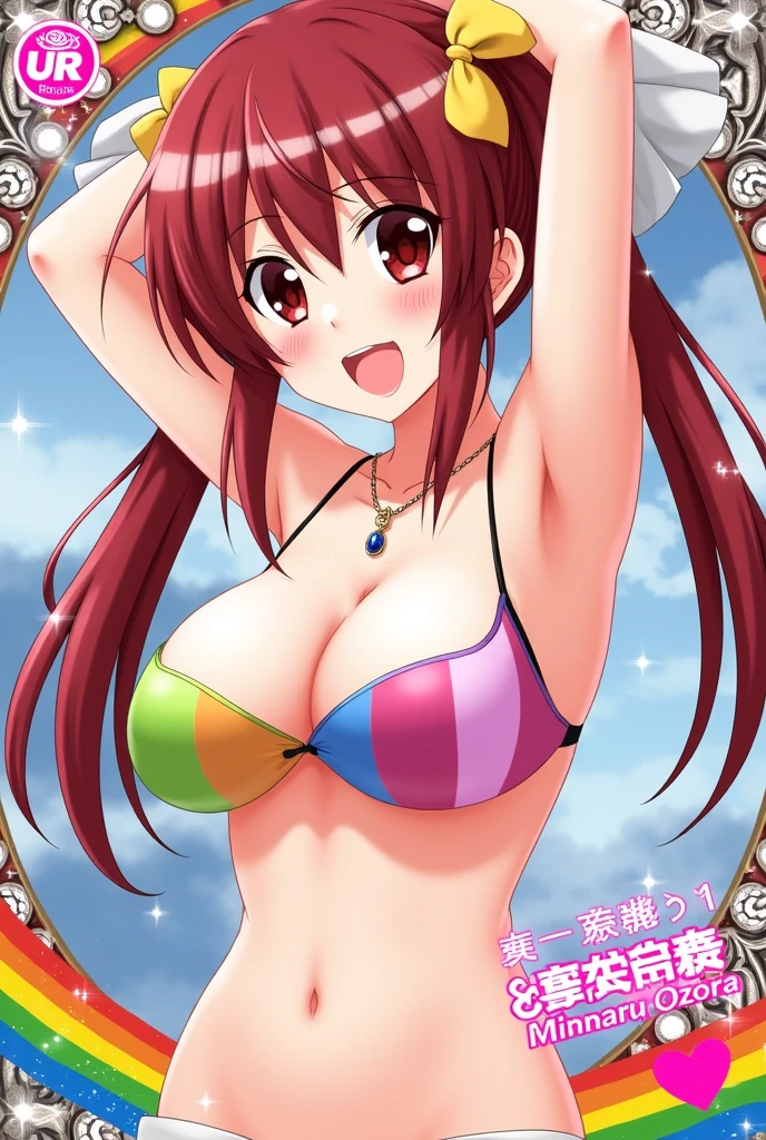 Anime illustration　Aoikan, 1 person, pink ribbon bikini,  Big Breasts、 blush, Cute Smile　Open your mouth, Are standing, (She walked along the starry beach at night, touched the water with bare feet, and came closest to that smile), barefoot,　Two Arms, (cinematic angle:1.1),