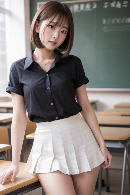 (8k, Photorealistic, Raw photo, Highest quality: 1.4),Japanese idol-style beautiful girl,1 person,17 years old,Hairstyle(Short Bob,Black),She has her hair tucked behind her ears,Large, clear grey eyes,Long eyelashes,Plump Cheeks,Thin and delicate shoulders,thin abdomen,Open shirt(Full front opening),Pleated skirt,School classroom,Full body portrait