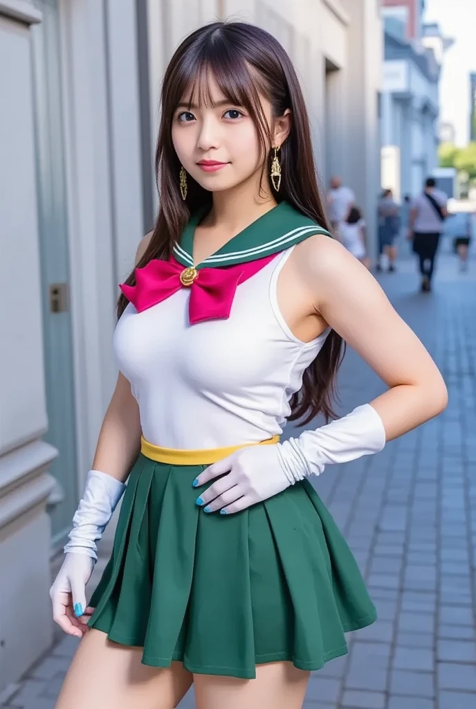 (8K、Raw photography、highest quality、masterpiece:1.2),(black hair:1.9),show viewer,Looking at the front,erotic,white skin,(She is wearing the costume of the beautiful girl warrior Green Ranger.:1.8)、(Clothing that emphasizes the shape of your chest:1.4)、(big breasts:1.2)、slim body shape、ultra high resolution,beautiful,beautiful fece,(alone, alone、no background:1.9),whole bodyボディー,japanese woman,(Photoreal:1.37)、photon mapping,reality、(Cute with a baby face: 1.4)、(cute smile: 1.7)、(With a round face: 1.8)、radio city、Physically based rendering、depth of field rally background、photograph, (I can see your knees,close up of thighs、too short skirt:1.5),whole body、super fine