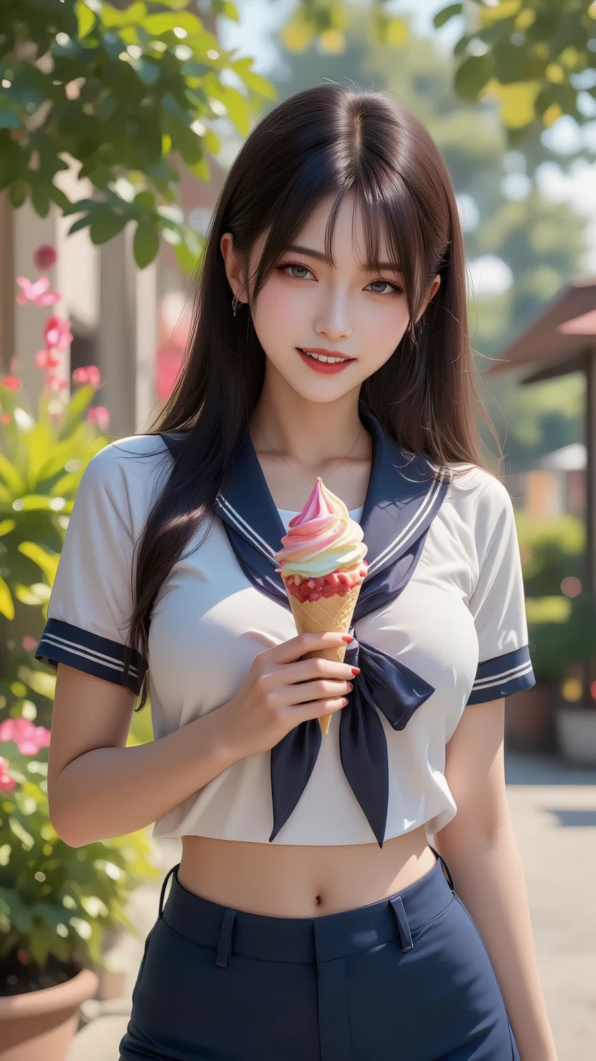 Pubic hair grows、Smile full of happiness、((Looks happy:1.3))、Pink Panties、、Panting face、Lacking、school girl outfit(Plaid miniskirt)、a sailor suit、Sweating、Expression in a state of excitement、short-hair、eye glass、((Licking soft-serve ice cream:1.3))、((pulling panties down:1.3))