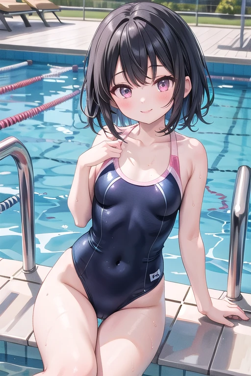 (((masterpiece))),(((High resolution))), (((perfect face)))、(((Japan beauty)))、15 years old, (((swimsuit))), ((top quality eyes)), detailed texture, ((high resolution face)), (at the swimming pool), (((leaning forward))), ((plump thighs))
