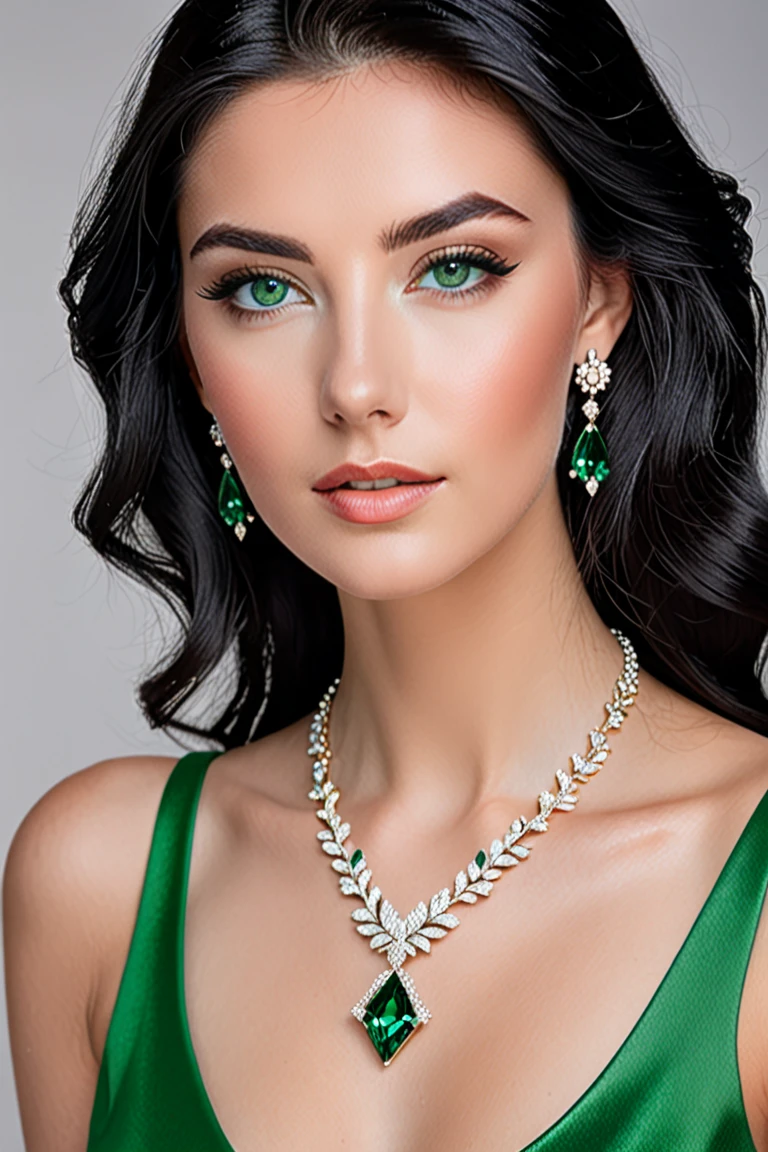 a stunning 20yo woman with piercing brown eyes and medium brown hair, wearing green lingerie, realistic, necklace, intricate details in the clothing, sexy pose, studio lighting to enhance the depth and realism of the image, big breast, white skin, full body 1:3 , 3/4 portrait from the thighs to the head