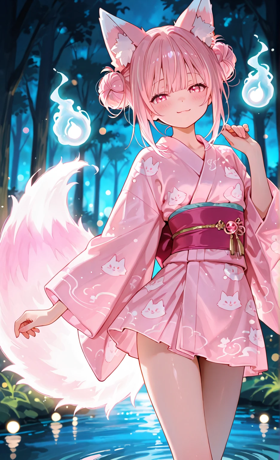 NSFW、Very beautiful and shining eyes、shining eyes、1 girl、small breasts、big mouth、high school girl、small breasts、Cat ear、Transparent pink short hair、scarf、hot pants、Near the future、neon、balls of light、magic、magic使い