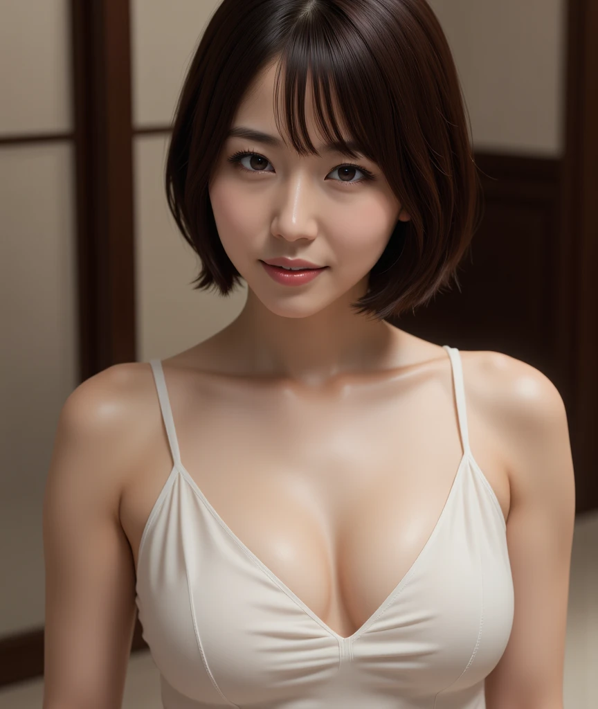 Bathroom,masterpiece、Highest quality、High resolution、Tabletop、wallpaper、Realistic、Bright lighting、Professional Lighting、Face Light、Smooth lighting、Japanese women、Beautiful woman、、Modeled、gravure、sexly、so beautiful、Beautiful Skin、Beautiful and exquisite、Detailed face、slim、Large Breasts、Cleavage 、short hair、Brunette colored hair、Brown eyes、Japanese Kimono、Japanese Yukata、(Eyes closed:1.5)、（Expression of enduring pain:1.5)、（Expression of enduring pain:1.5)、The costume is black,Bra is visible、