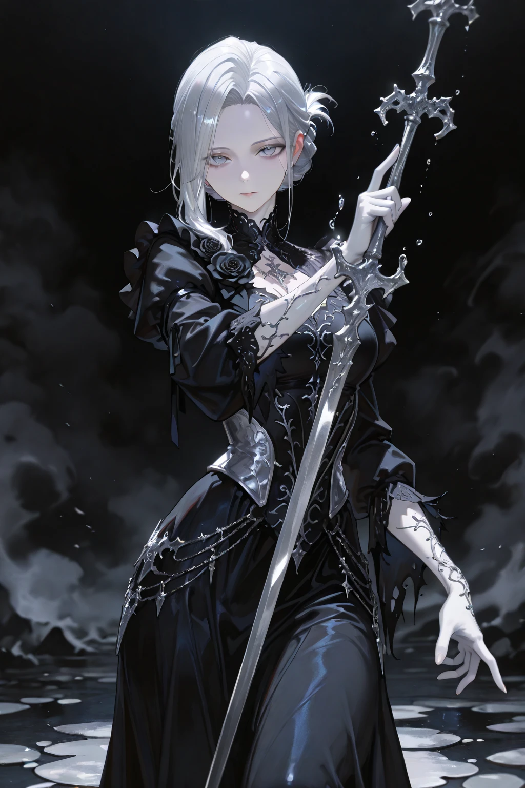 [[a [goth |barbarous |mysterious] [mature |young] gothic female with [curvy |thick |tone |curvy |thick |muscle] figure wearing [goth clothes | western clothes |intricate clothes |corset |loose sleeves] mix [dress |frill dress |indicate dress |belt |frill |cotton dress |short dress] and [lustful eye |creepy eyes |beautiful eye] red iris mix [lush lips | perky lips] and with white and black hair mix with light blue streaked hair, long hair [ hair over eye |braid | wavy hair] mix [messy hair |curly hair |messy hair] and [pointy ear |elf ears |long ears] and [star print |flower print] on clothes and wearing [make up |scaly | jewelry] , intricate tattoos, ((asymmetrical pose)), make up, blush, chromatic aberration, illustration,]] (full length full body:1.8)
((dark souls:1.5)), ((detail background:1.2)), ((landscape)),   <lora:dark  souls4:0.35>