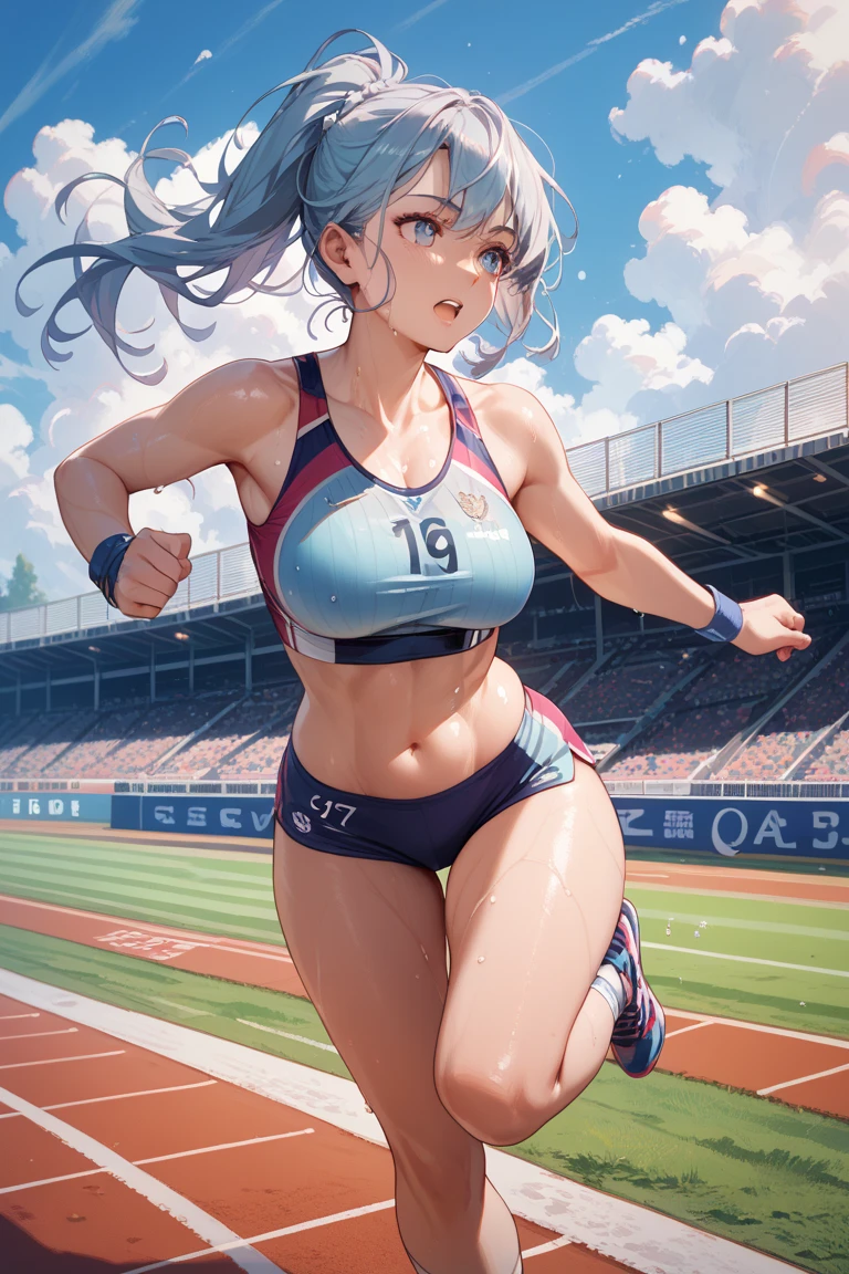 Photo of a 20 year old woman, Perfect Face, masterpiece, good, Sports bra,Racing Bloomers、good,  Dynamic Perspective、Run at full speed、Sweat flying、Serious face、Run towards the viewer、Track and Field、Nipples、Pussy Cameltoe