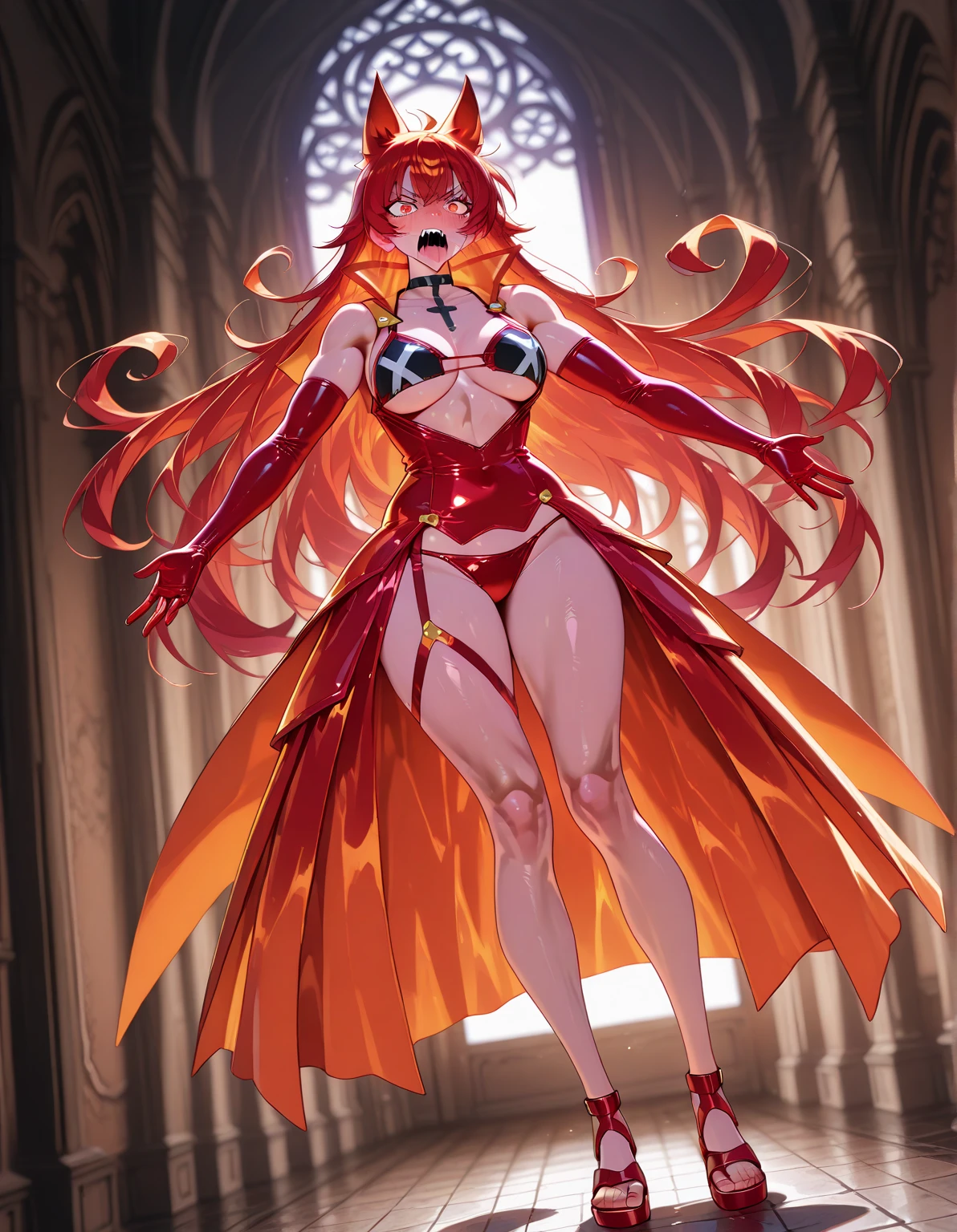 long, wavy hair that flows in shades of intense red, reminiscent of dancing flames. Her eyes are a vibrant green, mesmerizing in their intensity, like glittering emeralds. Your skin