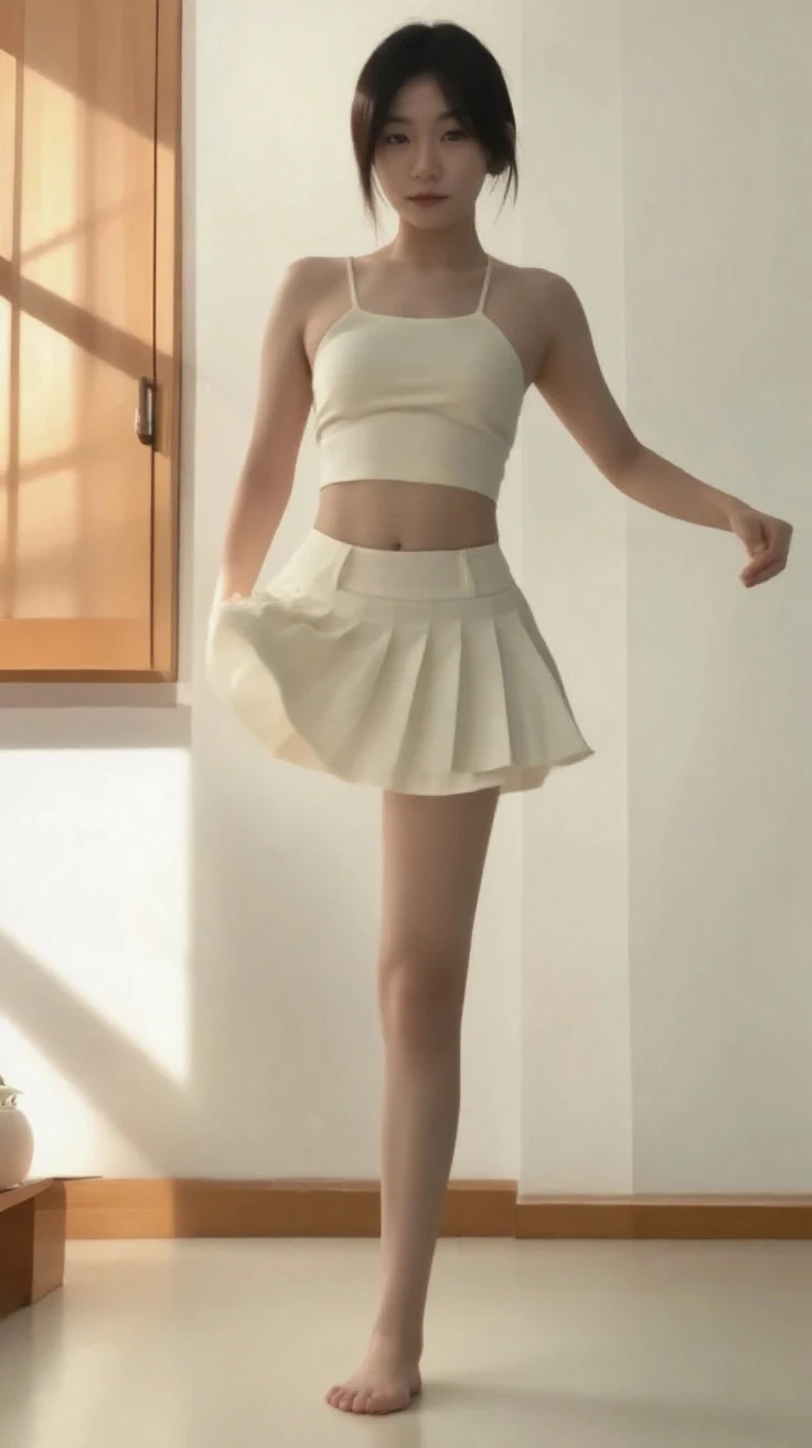 araffe woman in a white skirt and a white tank top, wearing white skirt, wearing a tanktop and skirt, wearing skirt, short skirt, white miniskirt, white skirt and barechest, white skirt, miniskirt, mini skirt, wearing honey - themed miniskirt, middle shot waist up, wearing a skirt, mini-skirt