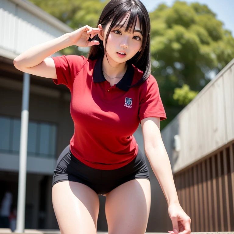 Pure Japanese girl, outstanding body, beautiful legs, wearing uniform, natural hairstyles, sweet smile, sexual attractive, sitting, spread wide legs, refreshing in early summer,