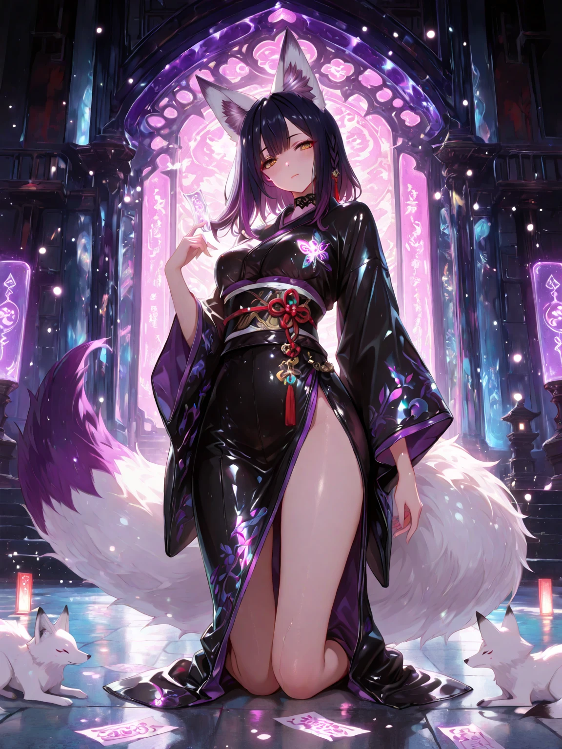 Mature woman, purple hair, huge breasts, 9 fox tails, fox ears, Japanese home