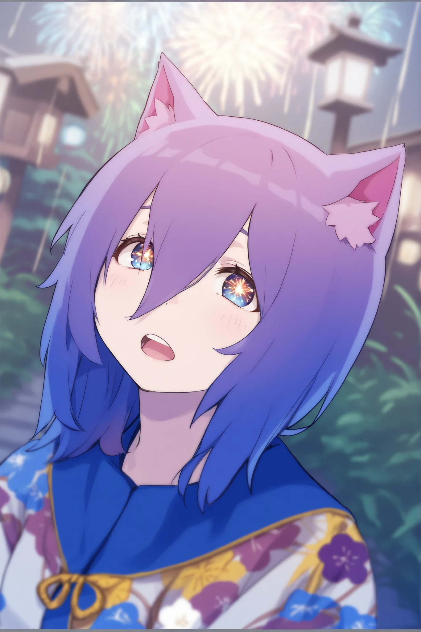 Her hair is gray, her eyes are blue, she wears a yukata, and the background is fireworks