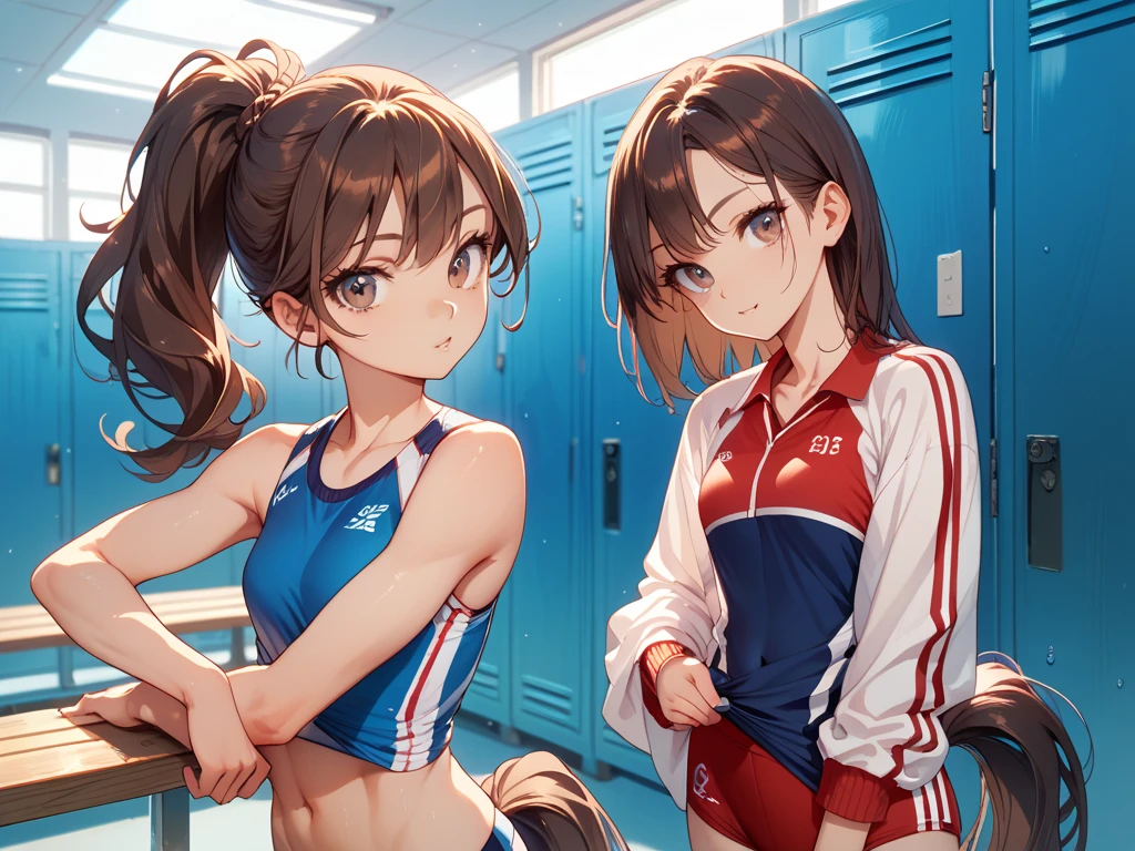 (Highest quality,4K,8k,High resolution,masterpiece:1.2),Very detailed,3 Women、(((Mature Woman))), (((Mature Woman))), Best Bust、Large Breasts, Cleavage、Beautiful Eyes、Orange Hair、Moss green eyes、Red lips, ((ponytail)), (Drill Hair), ((amount)),  Very cute face, Naughty expression、Glossy Lips, Double eyelids on both eyes,Natural smile、Tight waist、(Volleyball Uniforms), Natural Makeup, smile, Long eyelashes, Shiny and smooth hair、expensive、Are standing, Leaning forward, Forward bending, Head Down, Put your hands on your ankles, Low - Angle, ((Cowboy Shot)), In a crowded gymnasium、Olympic Venues、Shallow depth of field