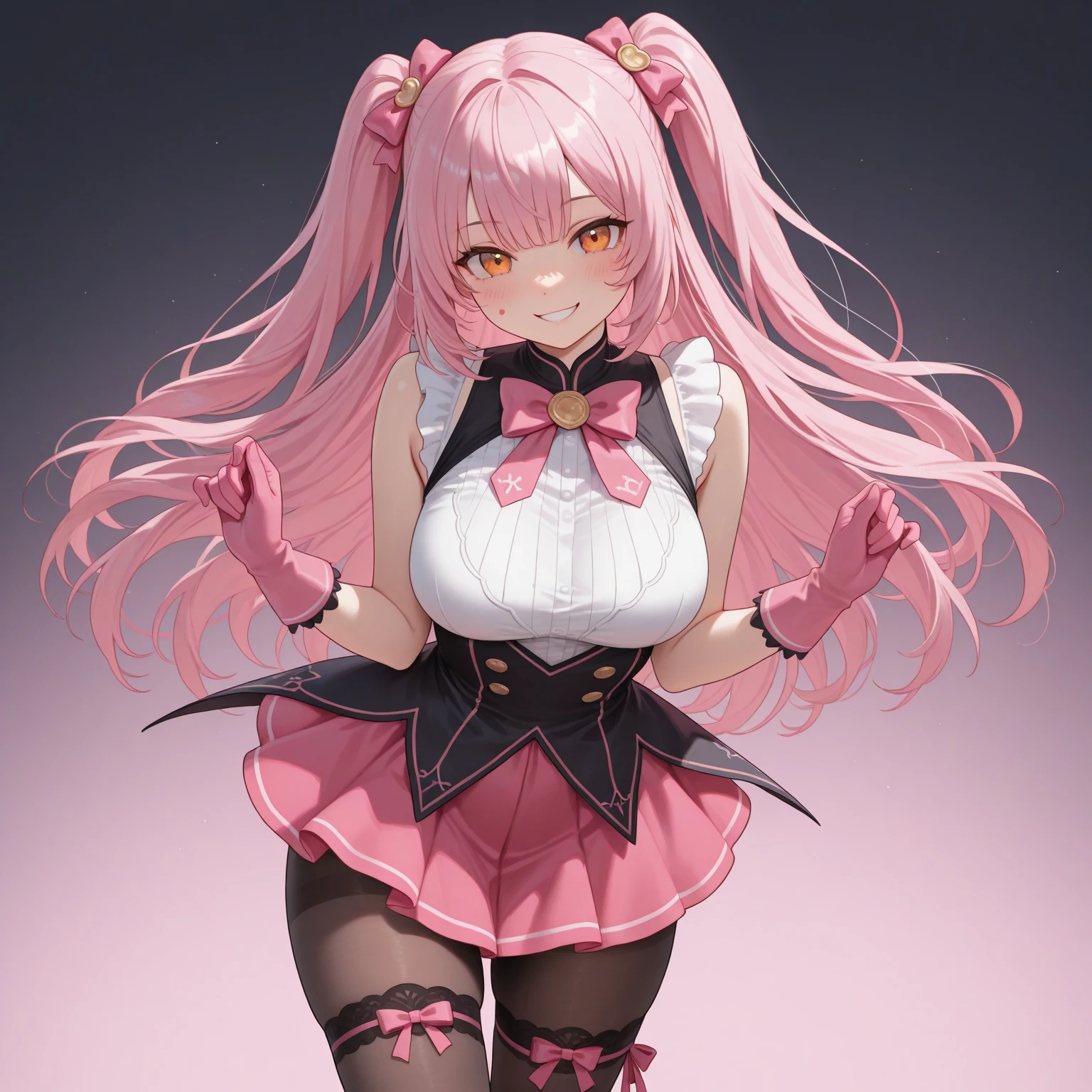 (Highest quality,Super detailed,girl),black tights,Pink Hair,Height: 160cm,cute,Pink Eyes,Twin tails,Big Breasts,I&#39;m wearing a pink skirt,Her eyes are white and shining,Has bright white eyes,Looking at me with a shy look on his face,