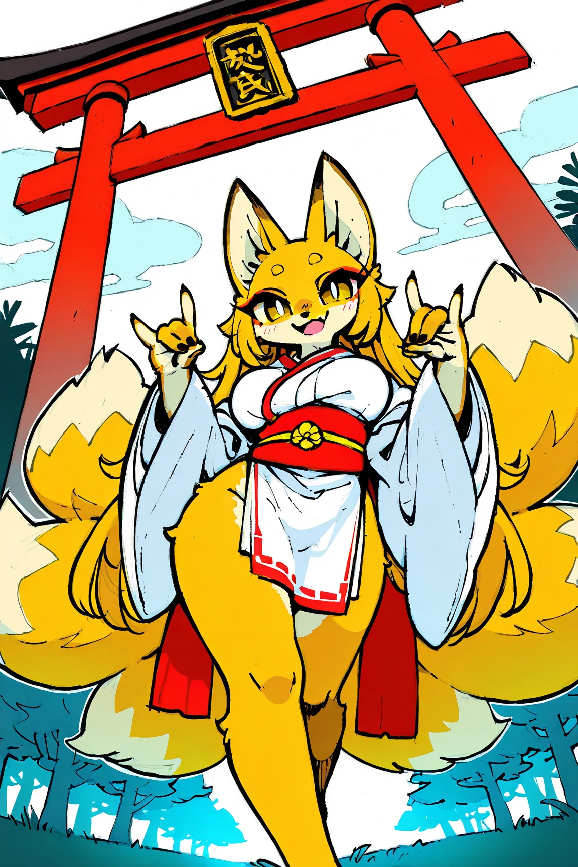 top quality, best quality, by estper, High-quality illustrations, masterpiece)(kemono, furry anthro), round, 1 female, nine-tail fox, chubby body, fur, fluffy, flat chest, wide hips, tails, perfect eyes, blur sclera eyes, date kimono, bed, body movement, pregnant, red blushing, looking at viewer,