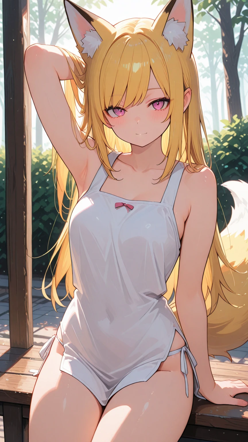 highest quality、Smirking face、Small breasts、belly button、Panty shot、Fox ears、Long blonde、Red Eye、Black camisole、hrine