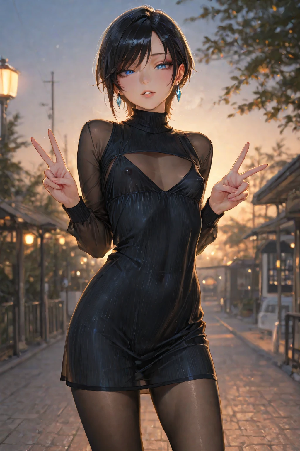 ((best quality)), ((highly detailed)), masterpiece, absurdres, extremely detailed face, beautiful face, (detailed eyes, deep eyes), (1girl), on one knee, <lora:hairdetailer:.7>, <lora:mavisdracula:1>, mavis dracula, black hair, blue eyes, medium breasts, smiling, fangs, black dress, short dress, striped thighhighs, (outdoors, at a temple, dawn, sunrise)