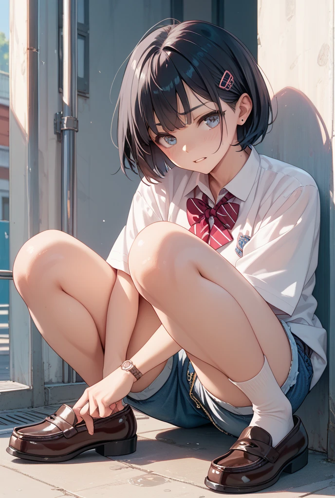 (Best quality, 8k, 32k, Masterpiece, UHD,:1.2),RAW, 1girl,ultra cute , natural lighting,transparent shining eyes, 20yo ,fair complexion, ((school uniform)), sitting on stairs, Closeup shot, wedgie, bending knees, show off panties, From front and Below, shy smiling, medium hair, hair ornament