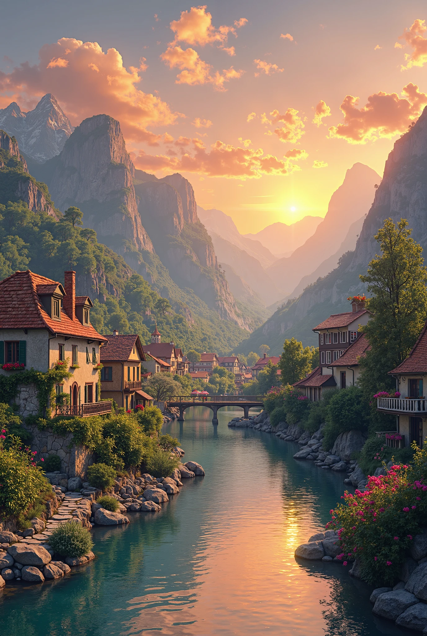 A small village by the river, montanhas ao fundo, flores coloridas, paisagem detalhada, beautiful natural scenery, atmospheric lighting,  scorching sunset , cores quentes, practical, photographic, folhagem detalhada, complex buildings , cobblestone street, charming country house, cores vibrantes, lush vegetation, reflections in the water, pitoresco, idyllic, obra de arte, melhor qualidade, 8k, extremely detailed, Anime style with movements 